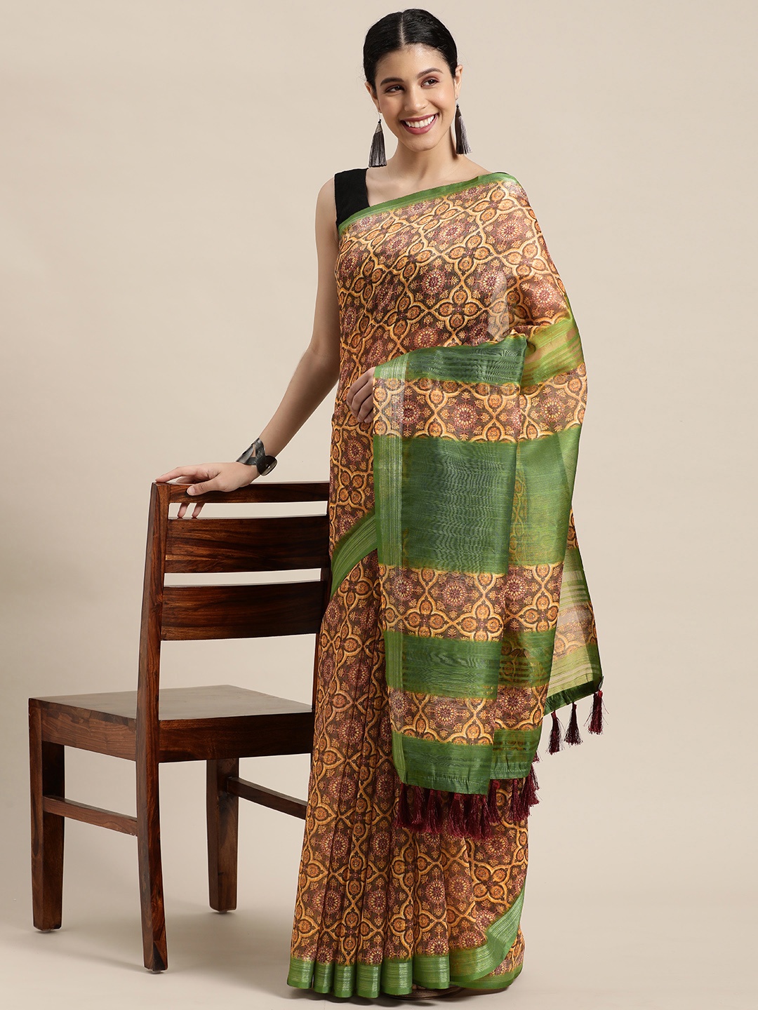 

VASTRANAND Brown & Olive Green Ethnic Motifs Zari Linen Blend Block Print Saree