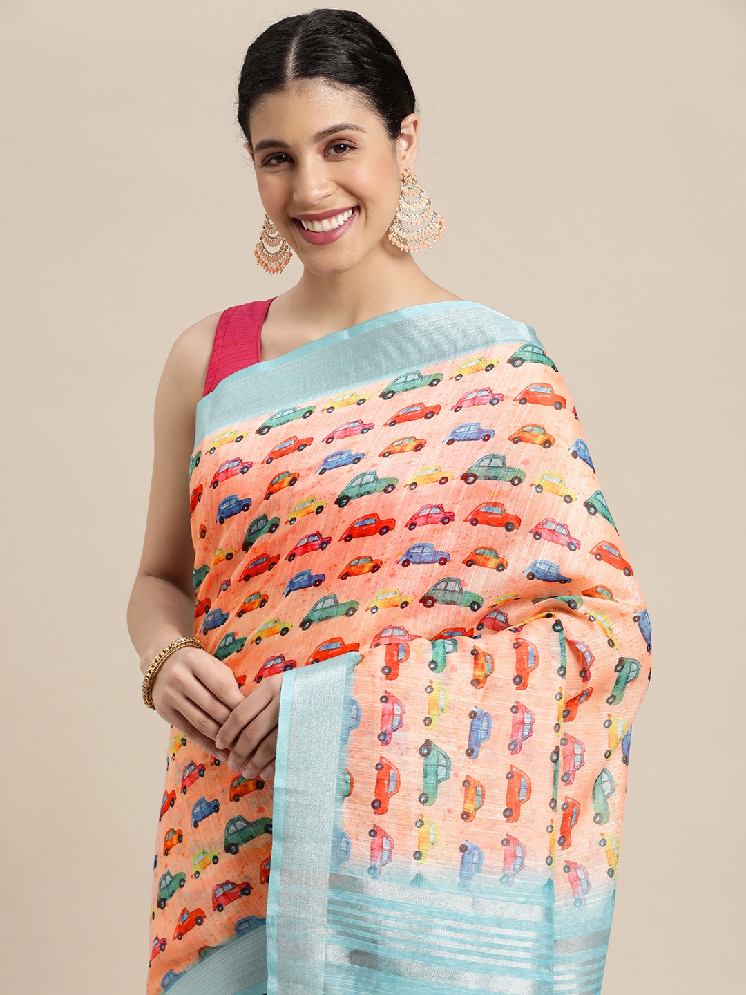

VASTRANAND Peach-Coloured & Blue Zari Linen Blend Block Print Saree