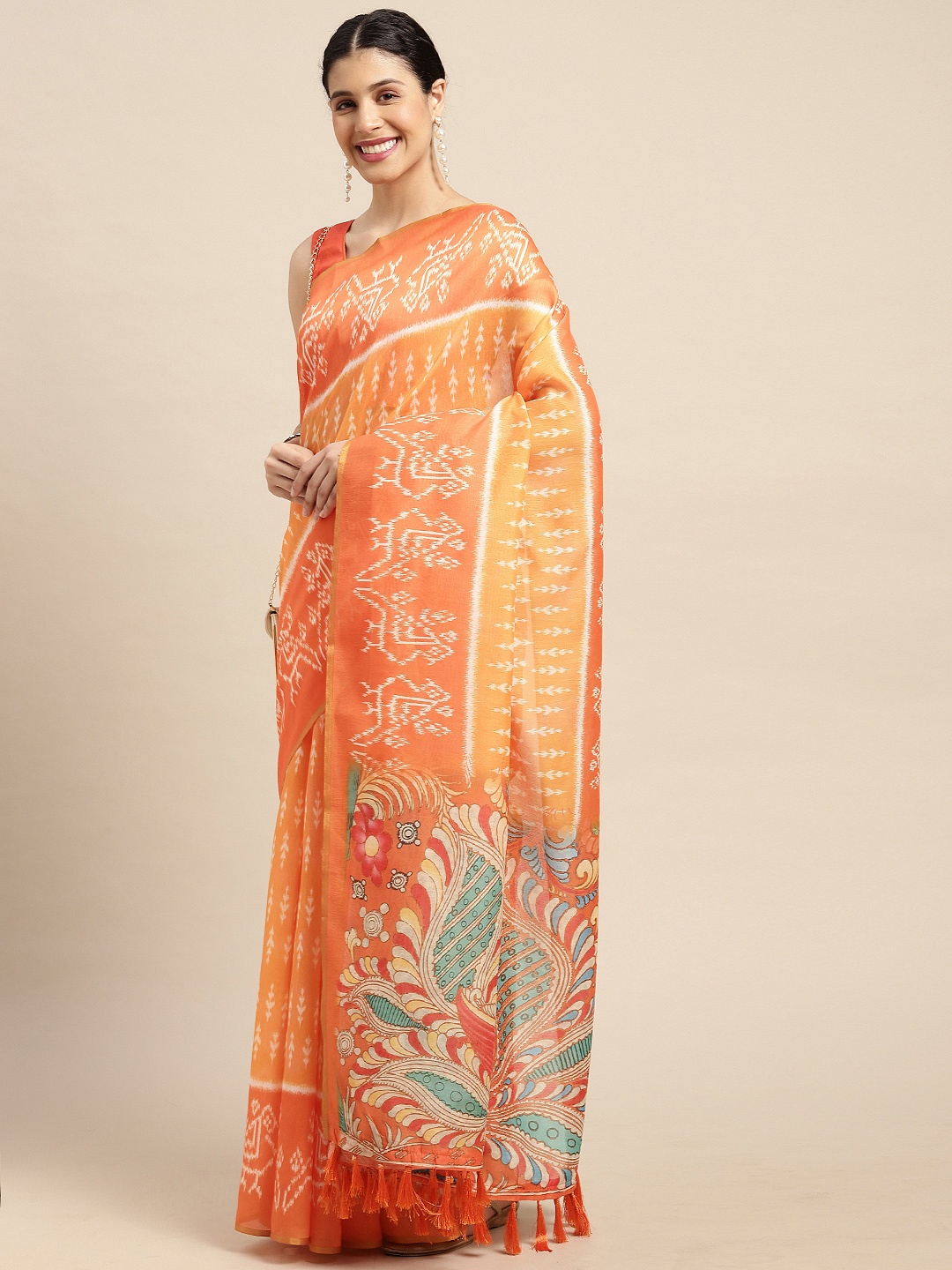 

VASTRANAND Peach-Coloured & Off-White Ethnic Motifs Zari Linen Blend Ikat Saree