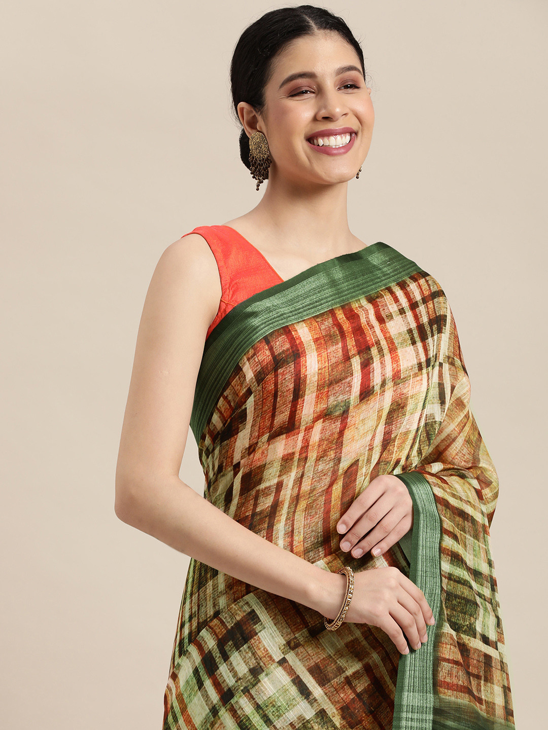 

VASTRANAND Green Striped Zari Linen Blend Block Print Saree