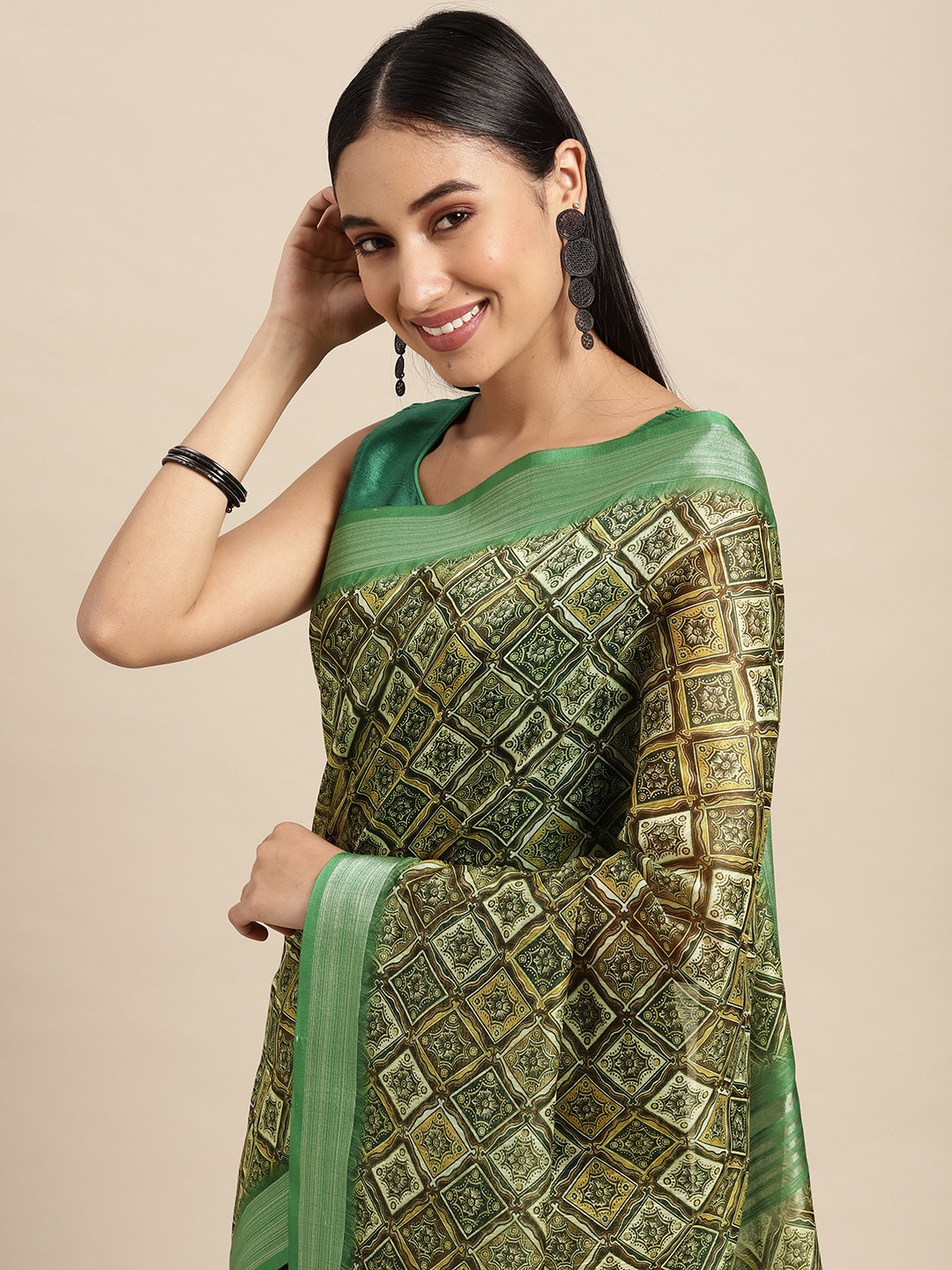 

VASTRANAND Green Checked Zari Linen Blend Block Print Saree