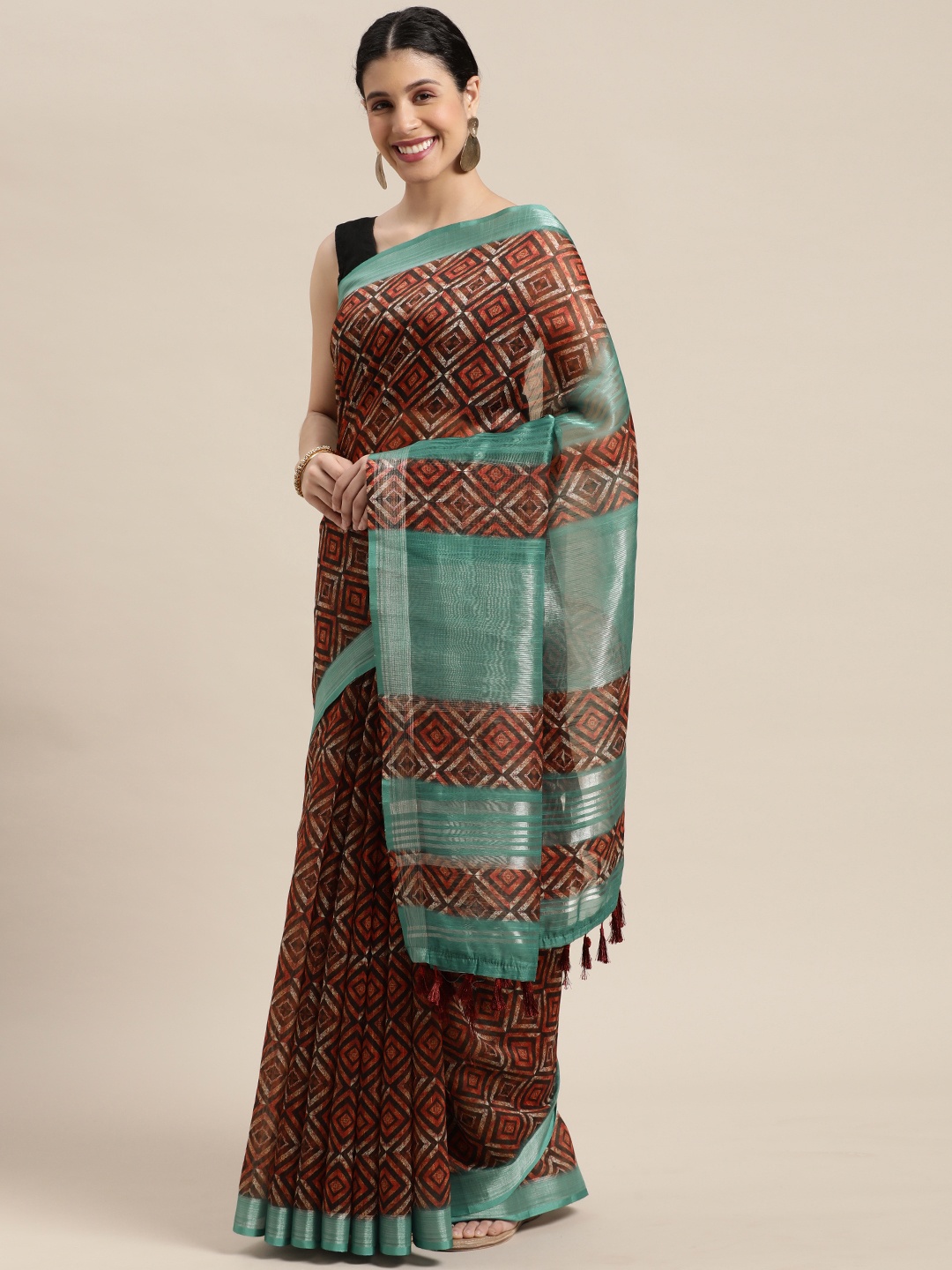 

VASTRANAND Maroon & Black Zari Linen Blend Block Print Saree