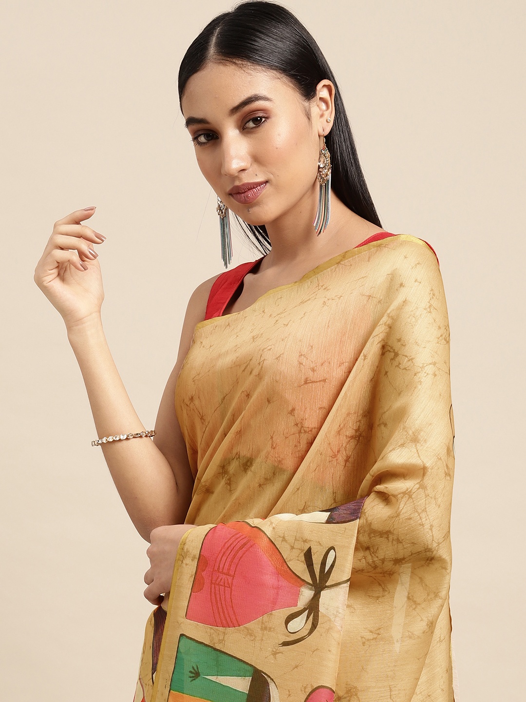 

VASTRANAND Mustard Kalamkari Zari Linen Blend Block Print Saree