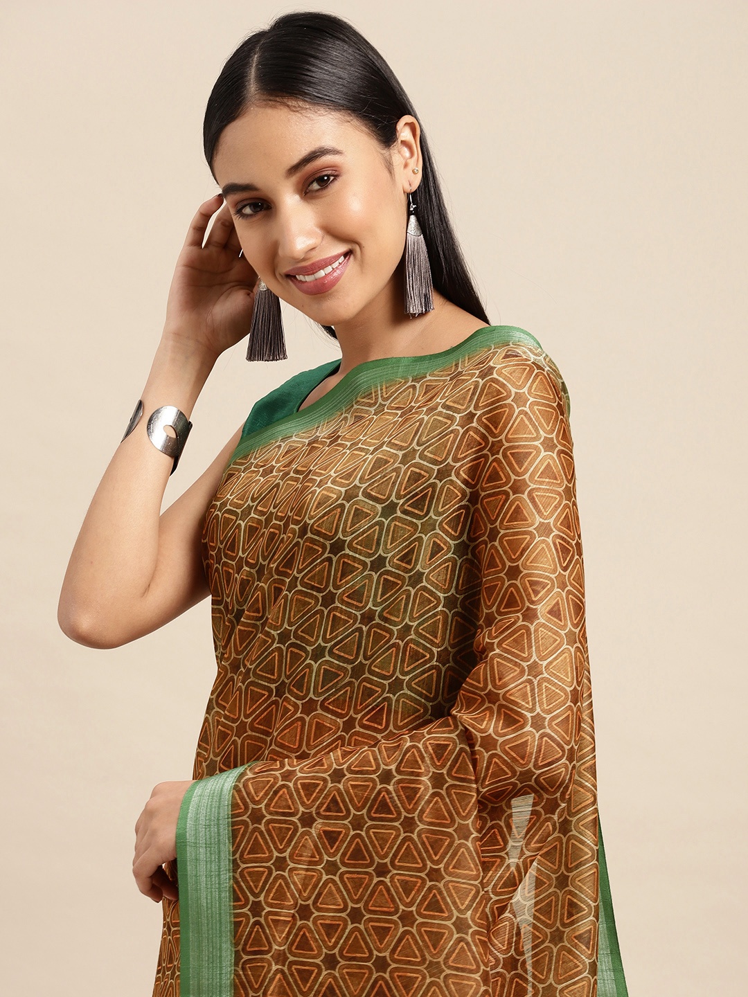 

VASTRANAND Orange Zari Linen Blend Block Print Saree