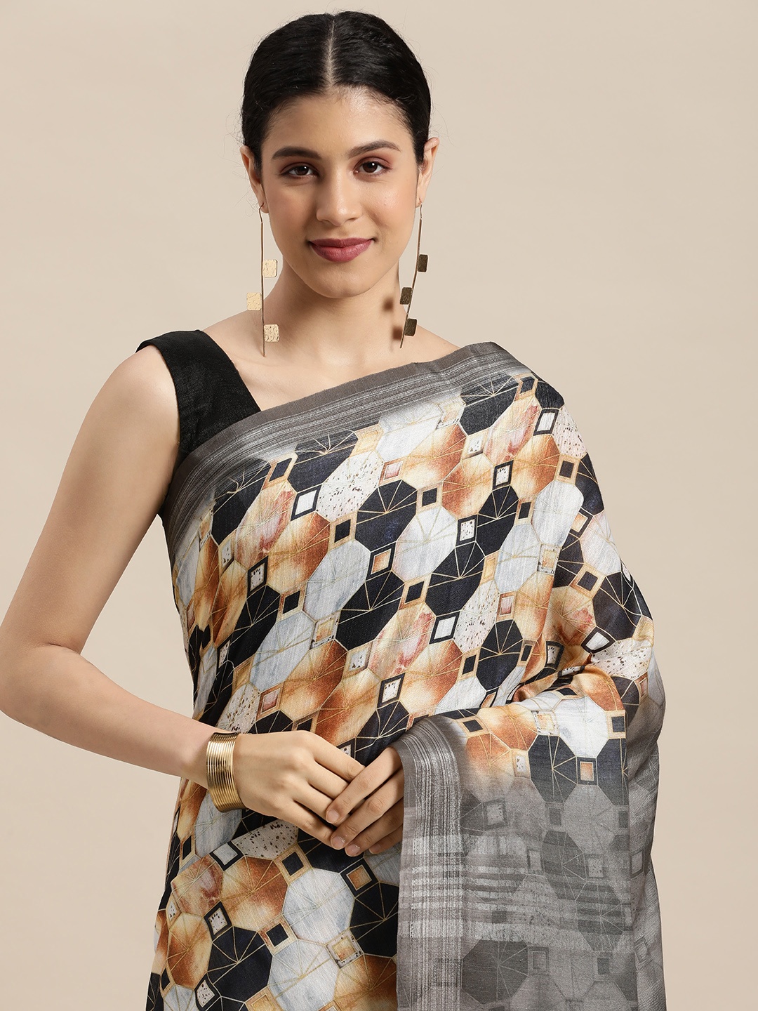 

VASTRANAND Brown & Grey Zari Linen Blend Block Print Saree