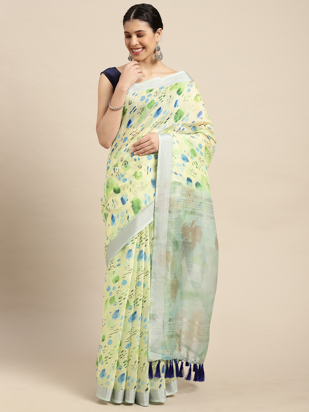 

VASTRANAND Lime Green & Blue Floral Zari Linen Blend Saree