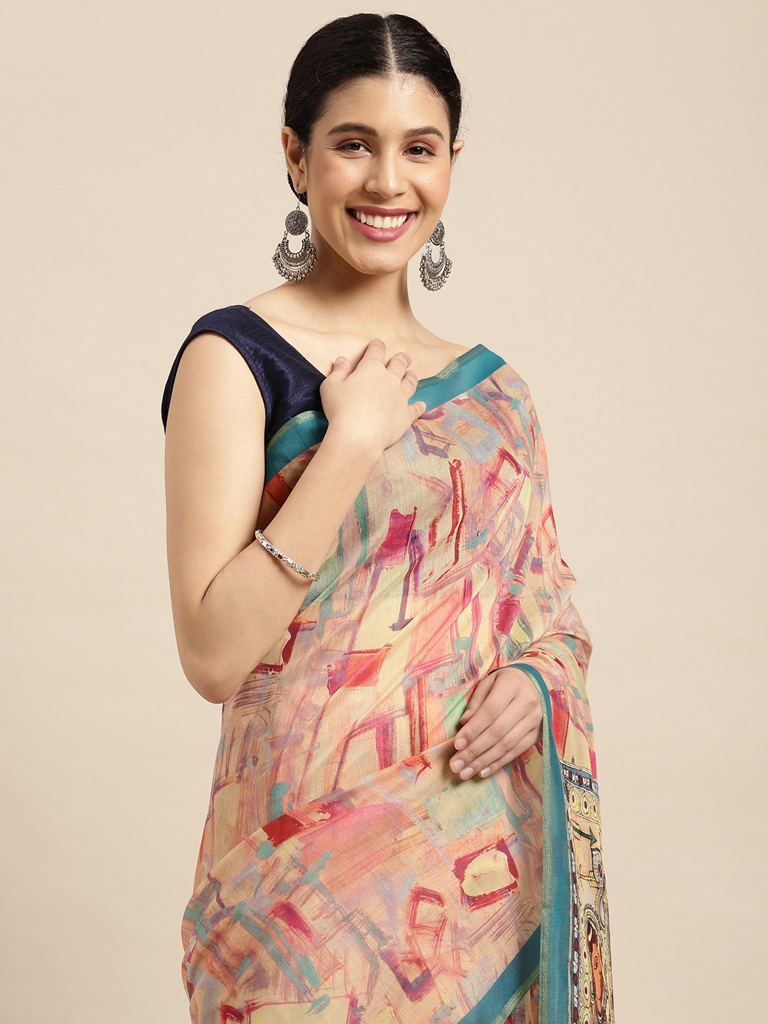 

VASTRANAND Peach-Coloured & Green Zari Linen Blend Block Print Saree