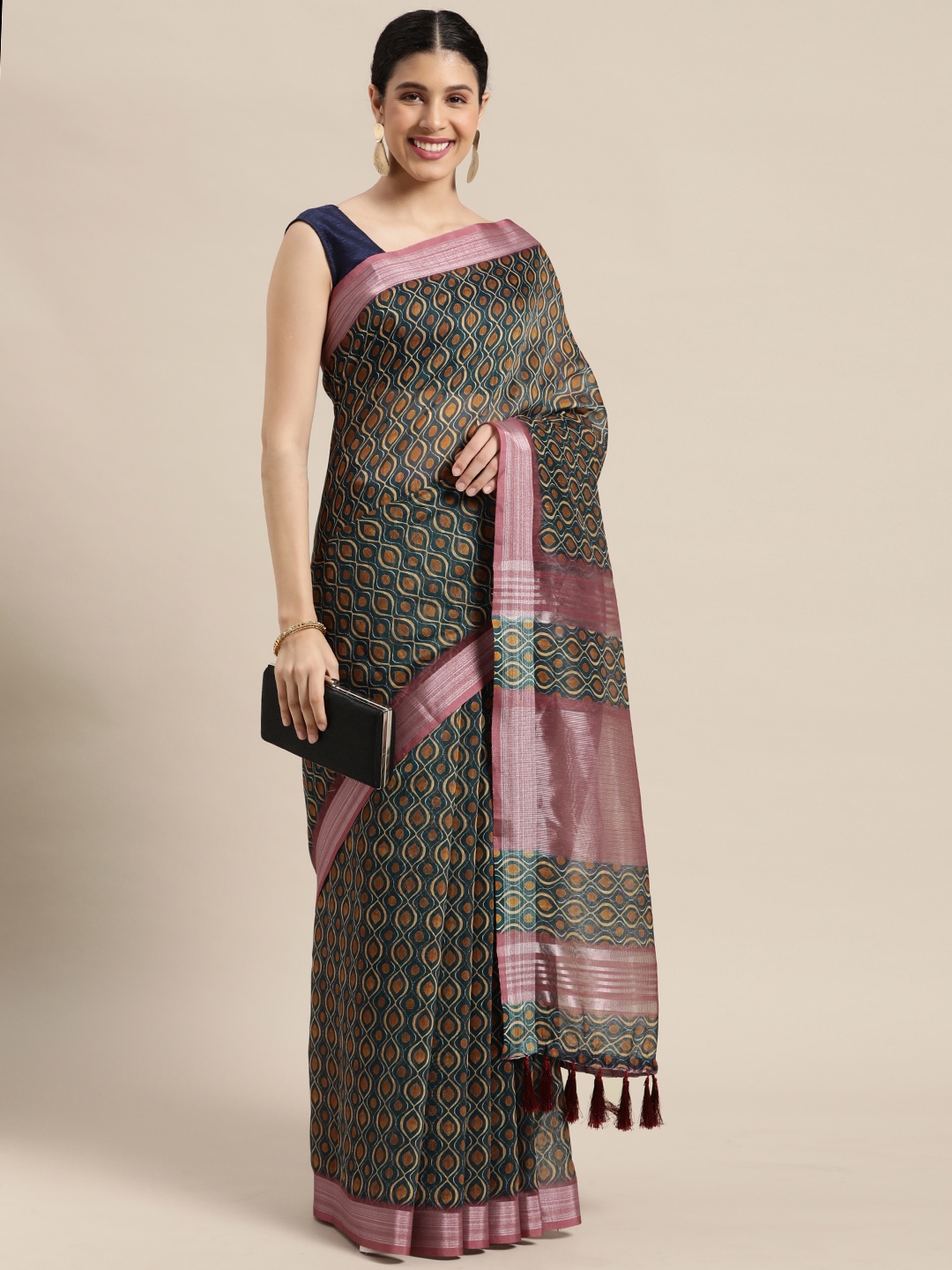 

VASTRANAND Blue Zari Linen Blend Block Print Saree