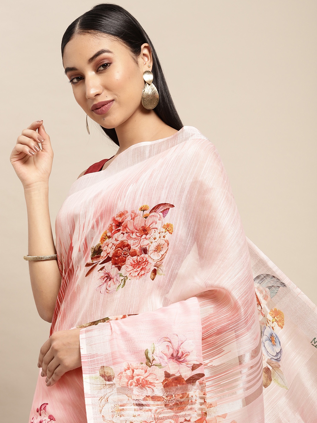 

VASTRANAND Pink Floral Zari Linen Blend Saree