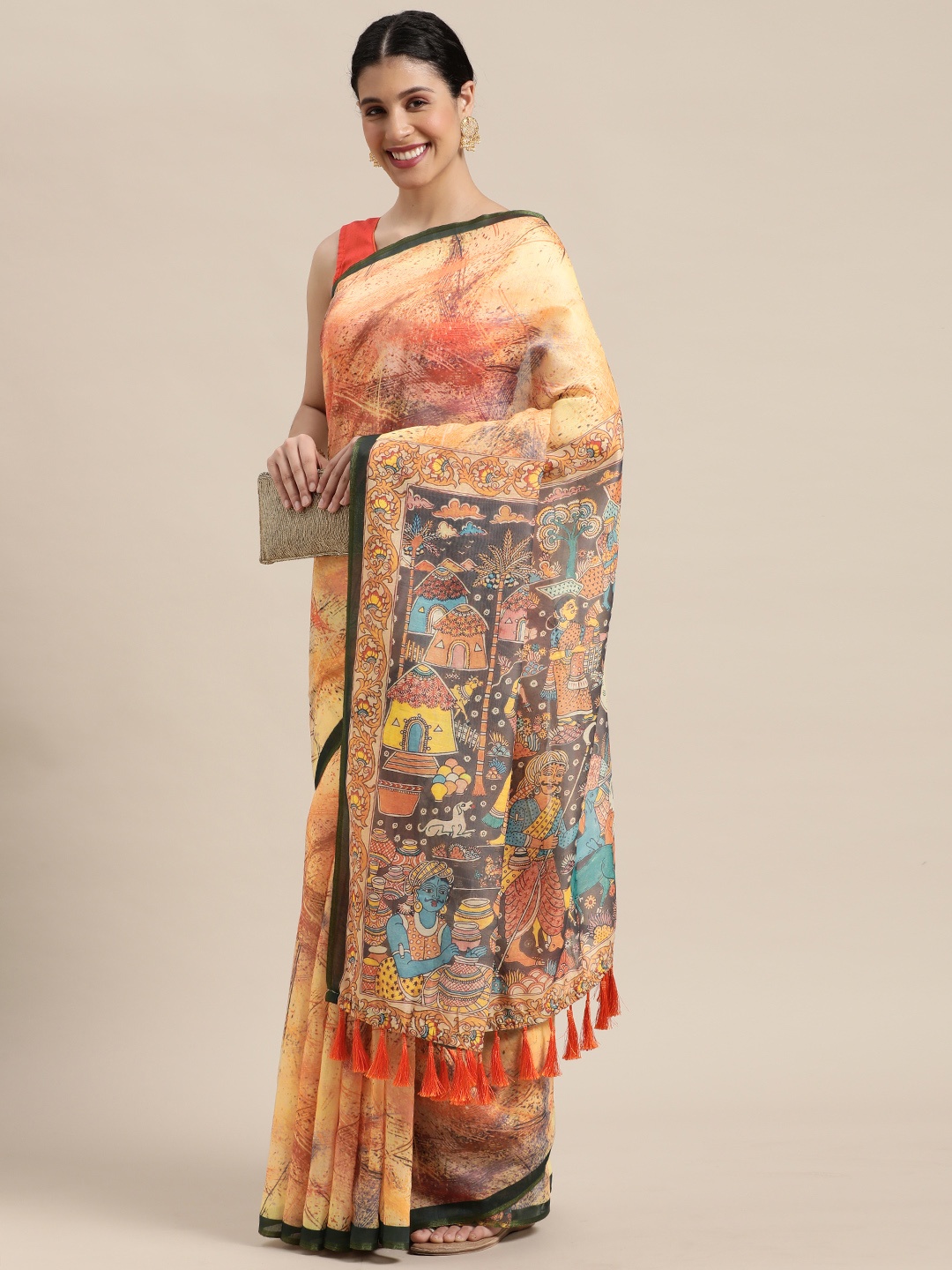 

VASTRANAND Multicoloured Zari Linen Blend Block Print Saree, Multi