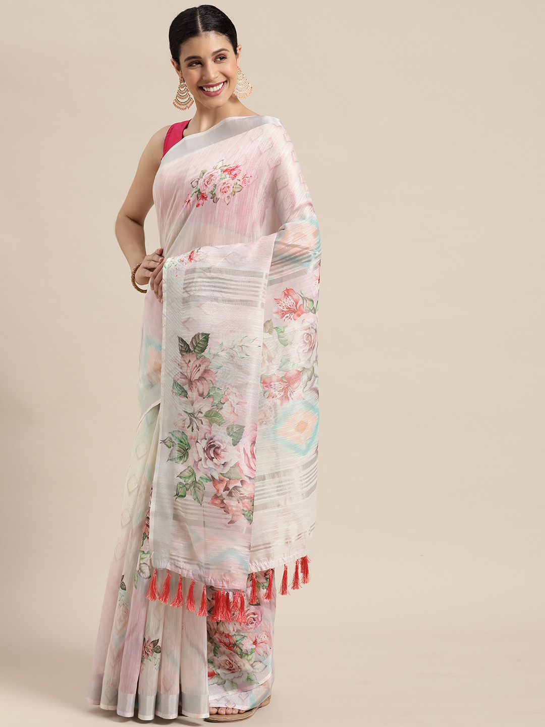 

VASTRANAND Pink Floral Zari Linen Blend Block Print Saree