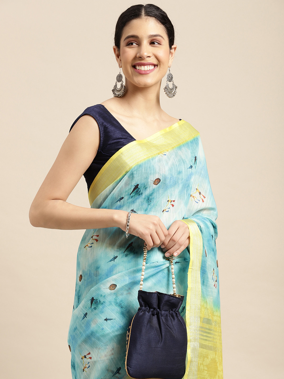 

VASTRANAND Blue & Yellow Zari Linen Blend Block Print Saree