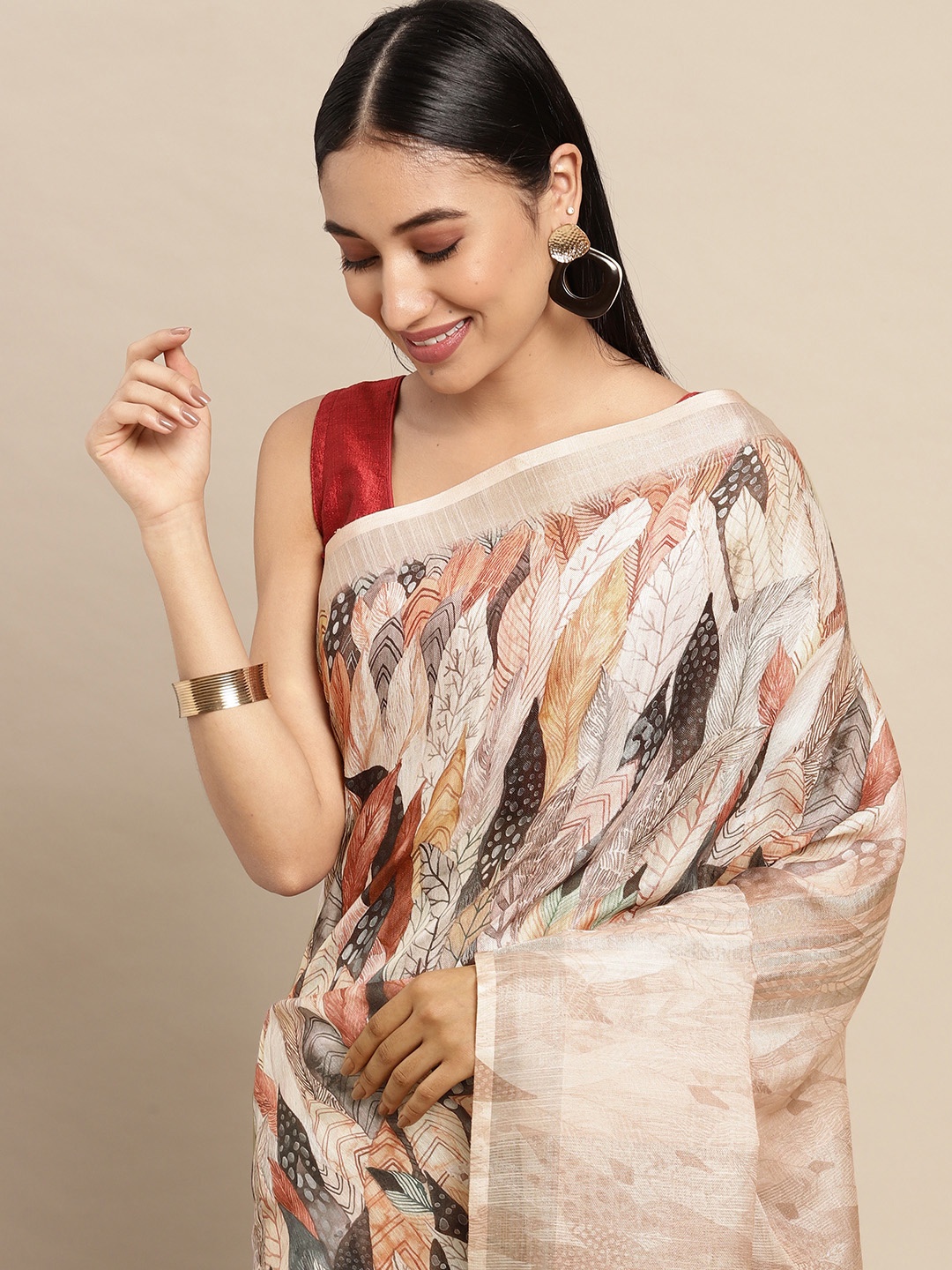 

VASTRANAND Peach-Coloured Floral Zari Linen Blend Block Print Saree