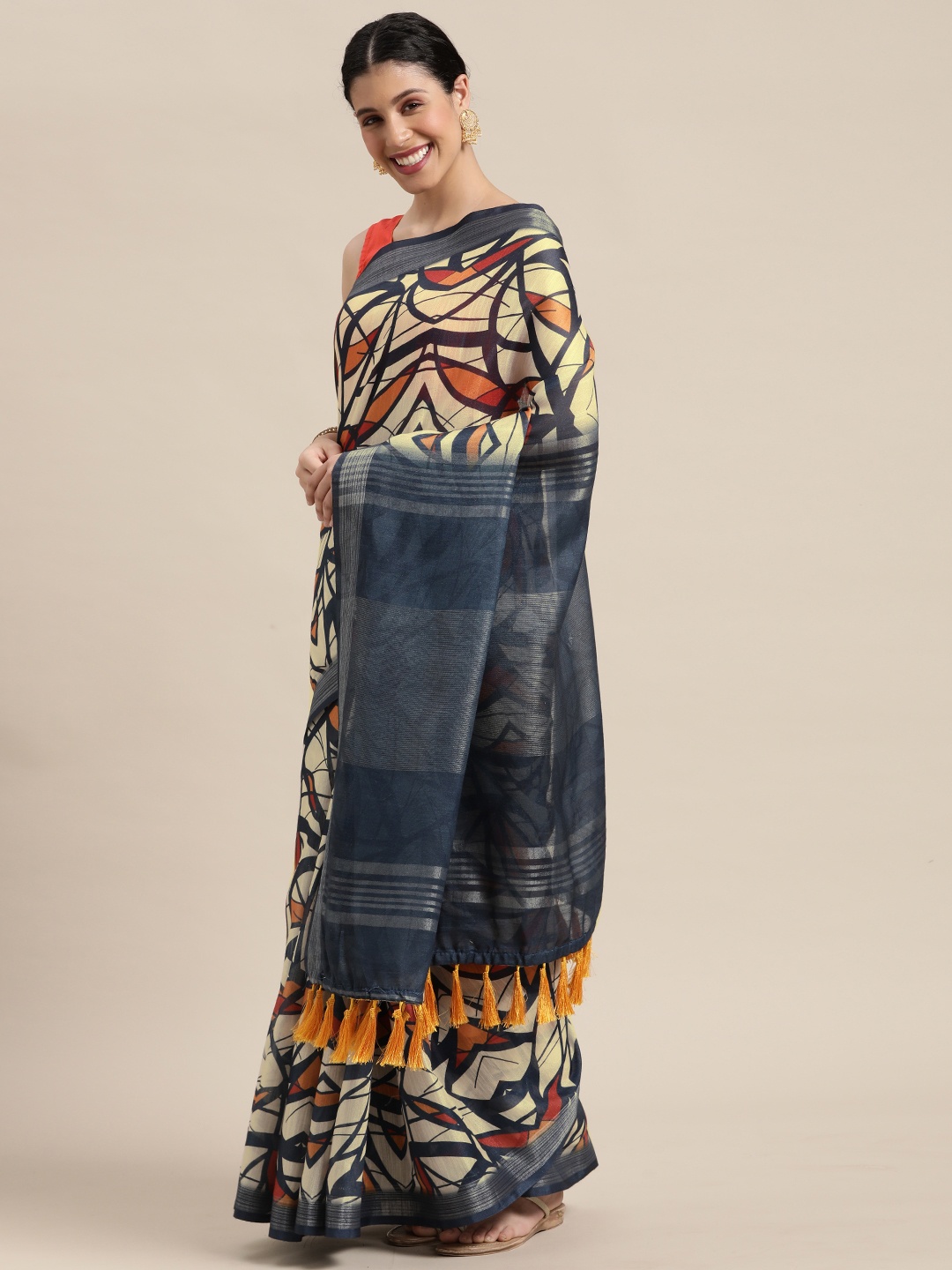 

VASTRANAND Blue & Cream-Coloured Zari Linen Blend Block Print Saree