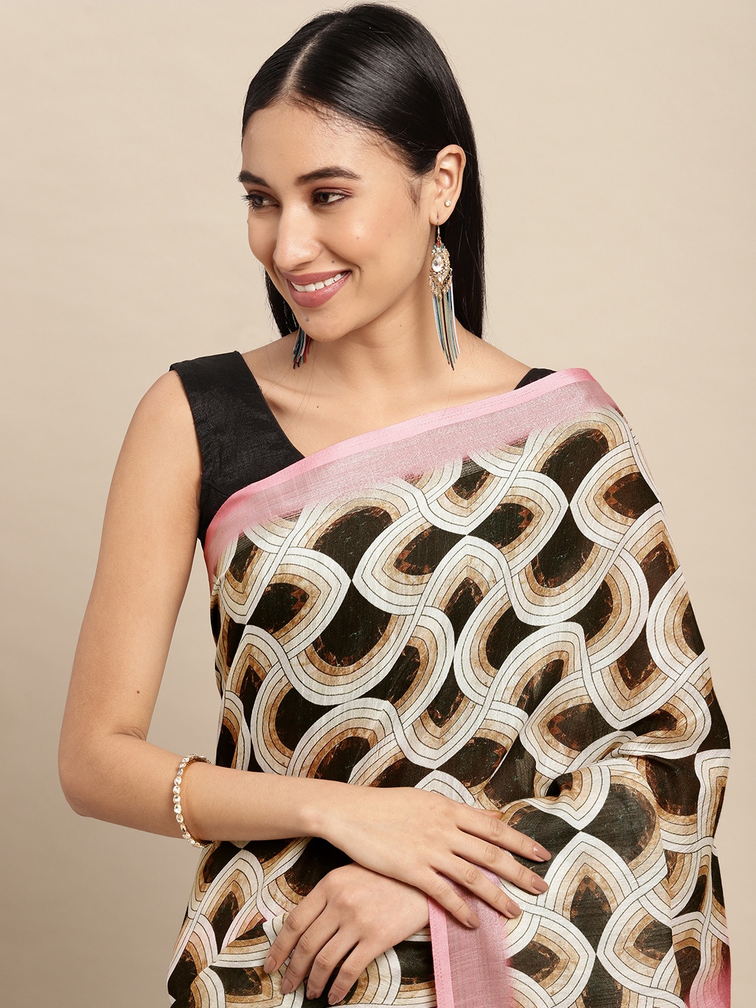

VASTRANAND Black & Pink Zari Linen Blend Block Print Saree