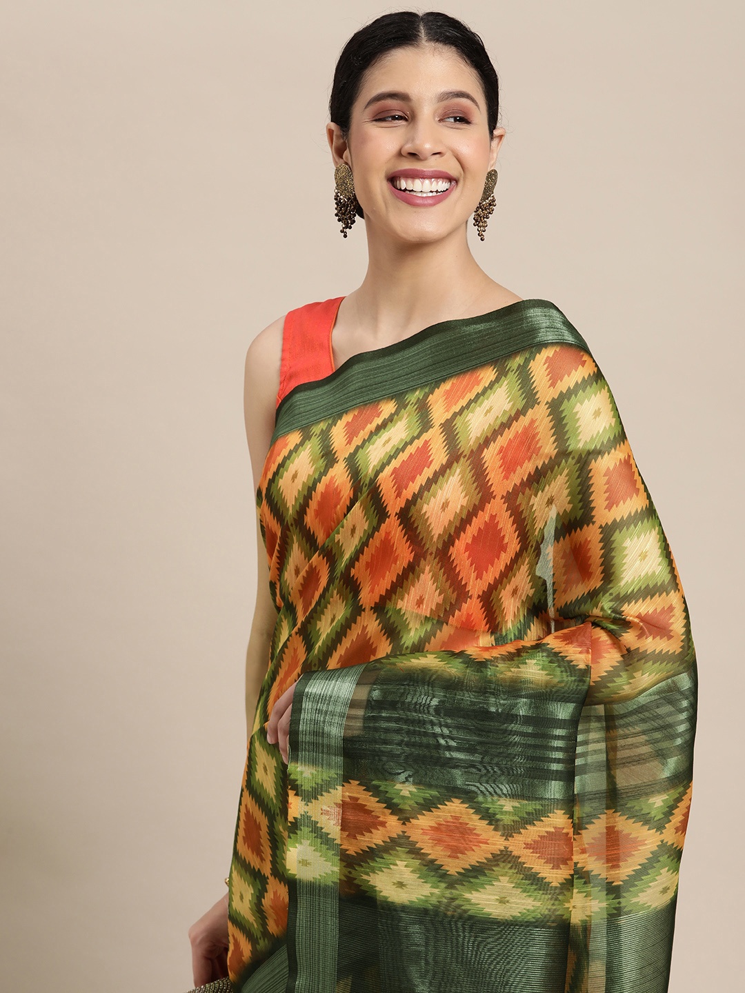 

VASTRANAND Green & Orange Zari Linen Blend Ikat Saree