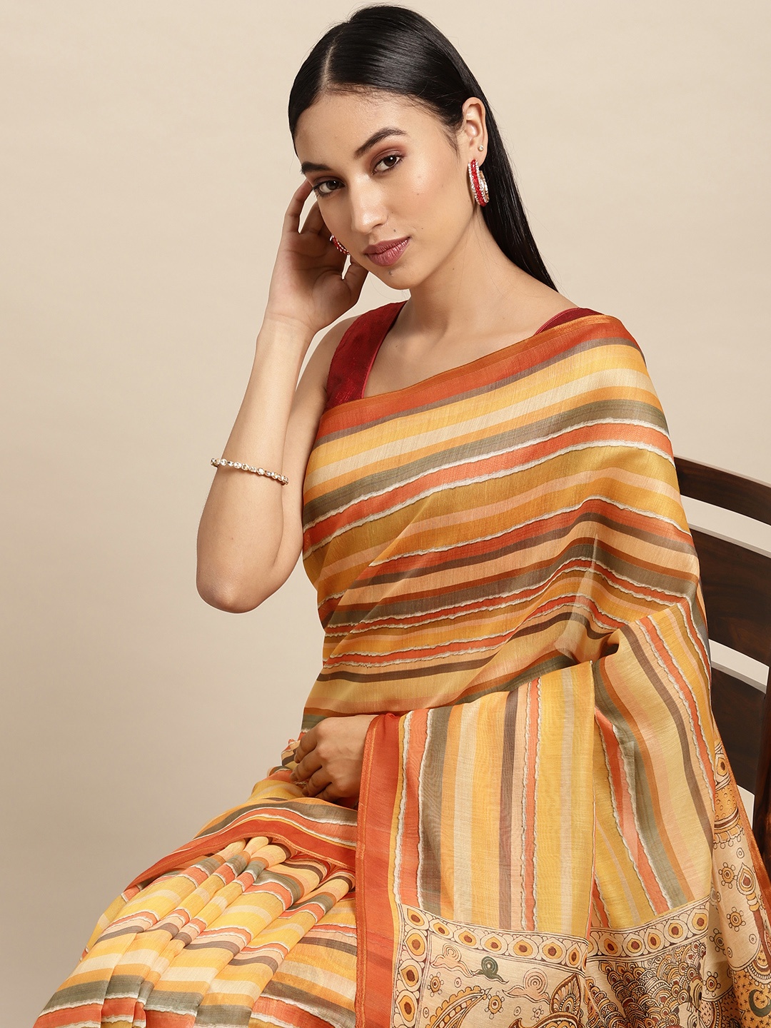 

VASTRANAND Orange & Yellow Striped Zari Linen Blend Block Print Saree