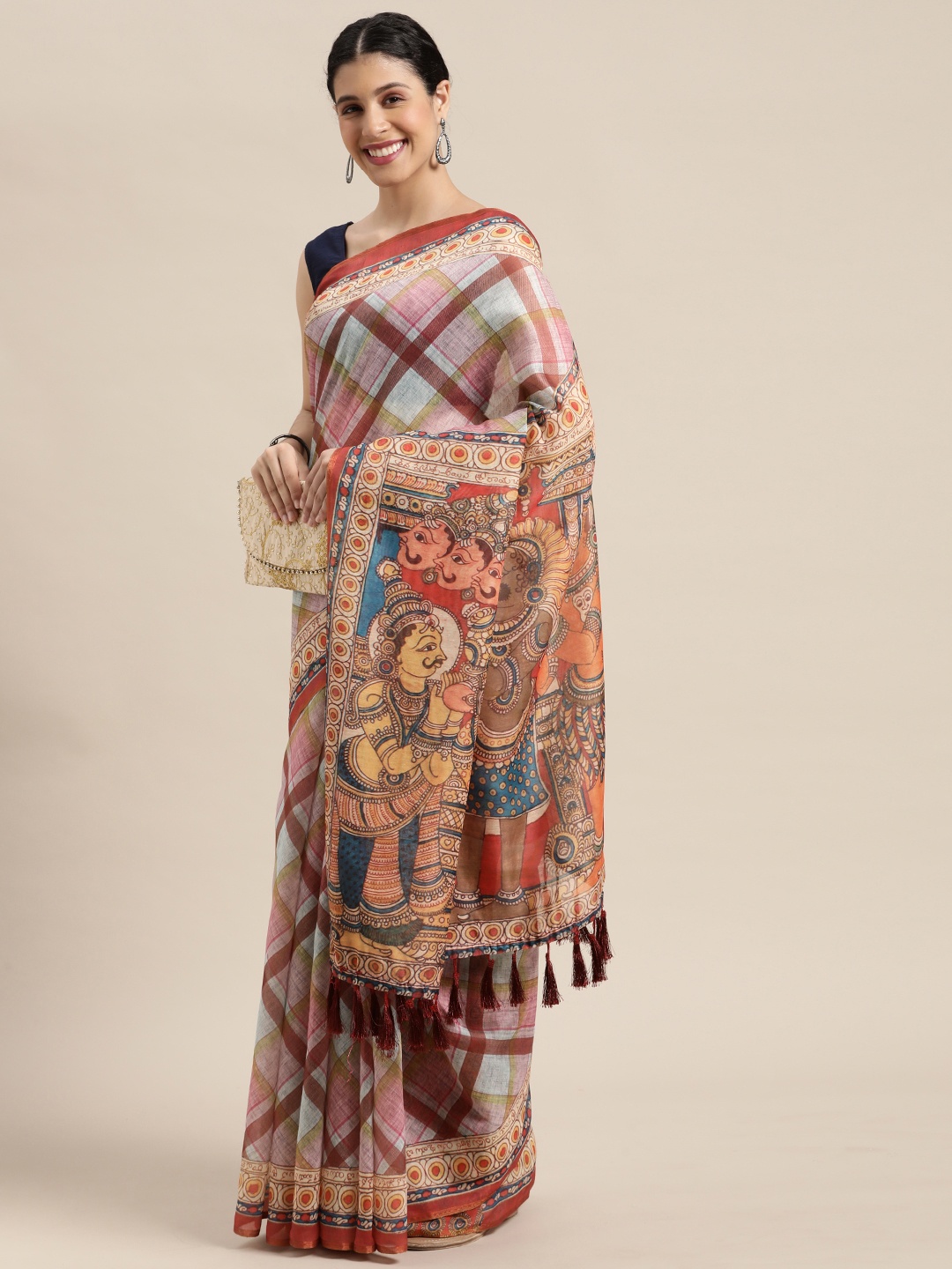 

VASTRANAND Pink Zari Linen Blend Block Print Saree