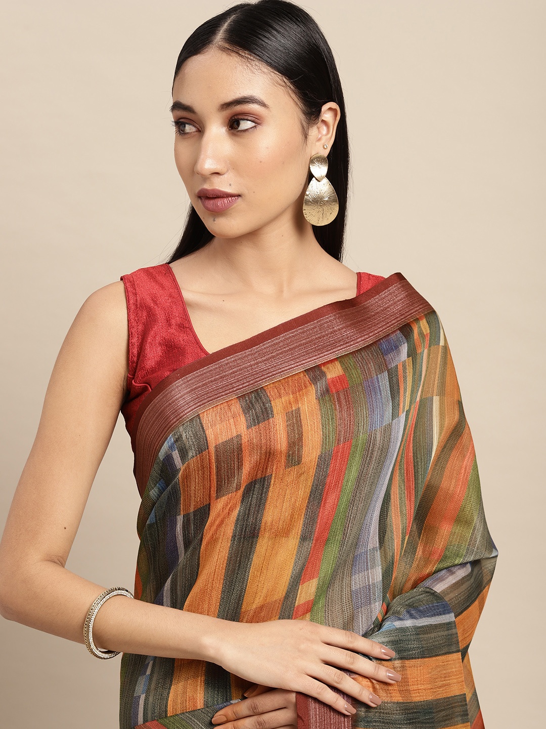 

VASTRANAND Multicoloured Striped Zari Linen Blend Saree, Multi
