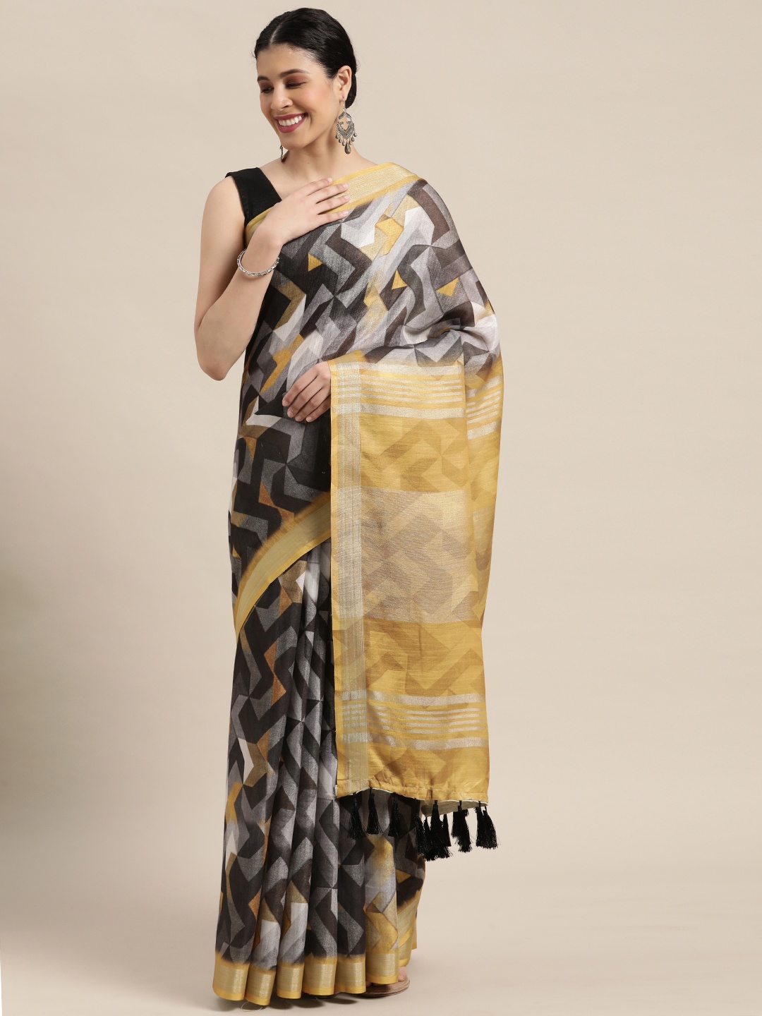 

VASTRANAND Black & Yellow Zari Linen Blend Block Print Saree