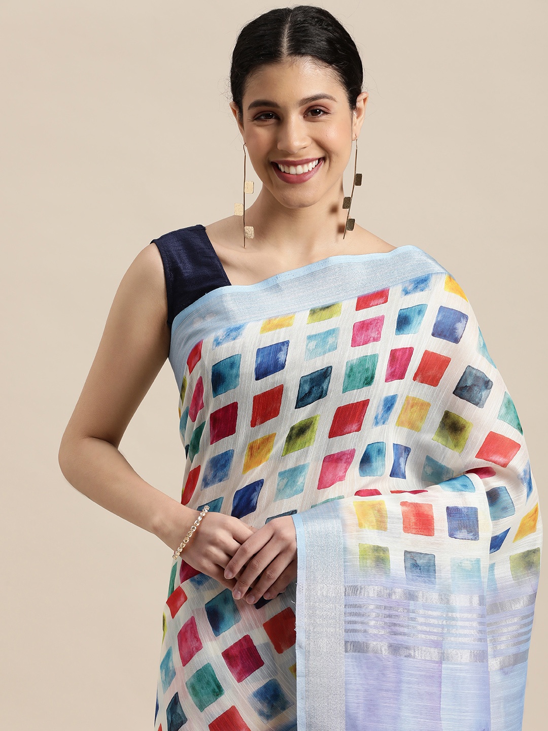 

VASTRANAND Multicoloured Zari Linen Blend Bagru Saree, Multi