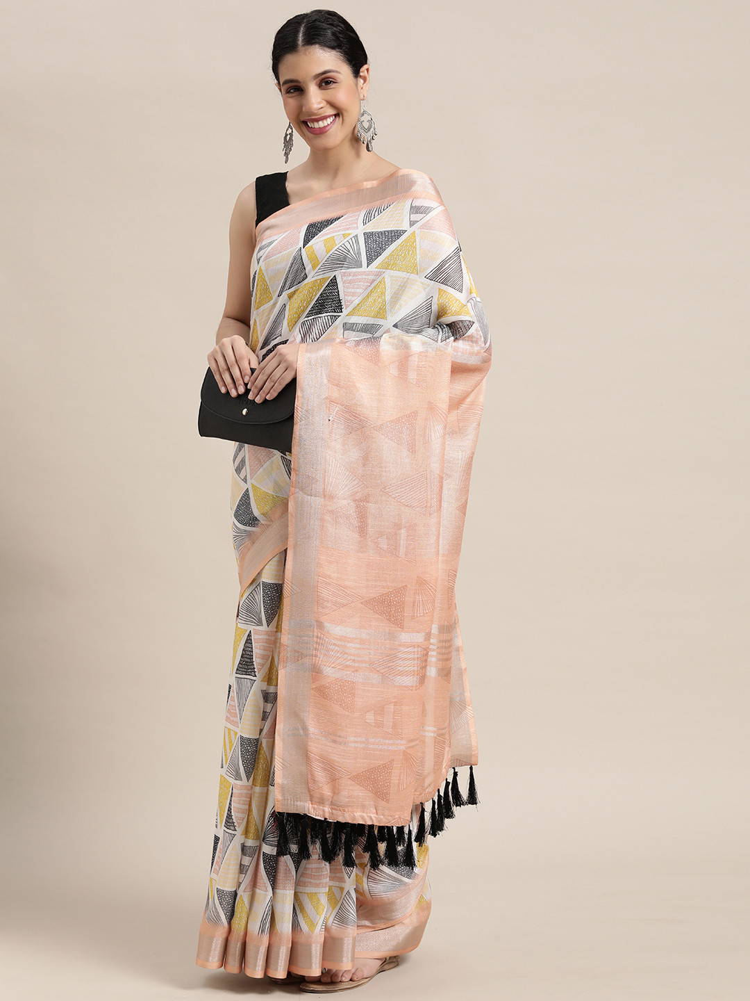 

VASTRANAND Multicoloured Zari Linen Blend Block Print Saree, Multi