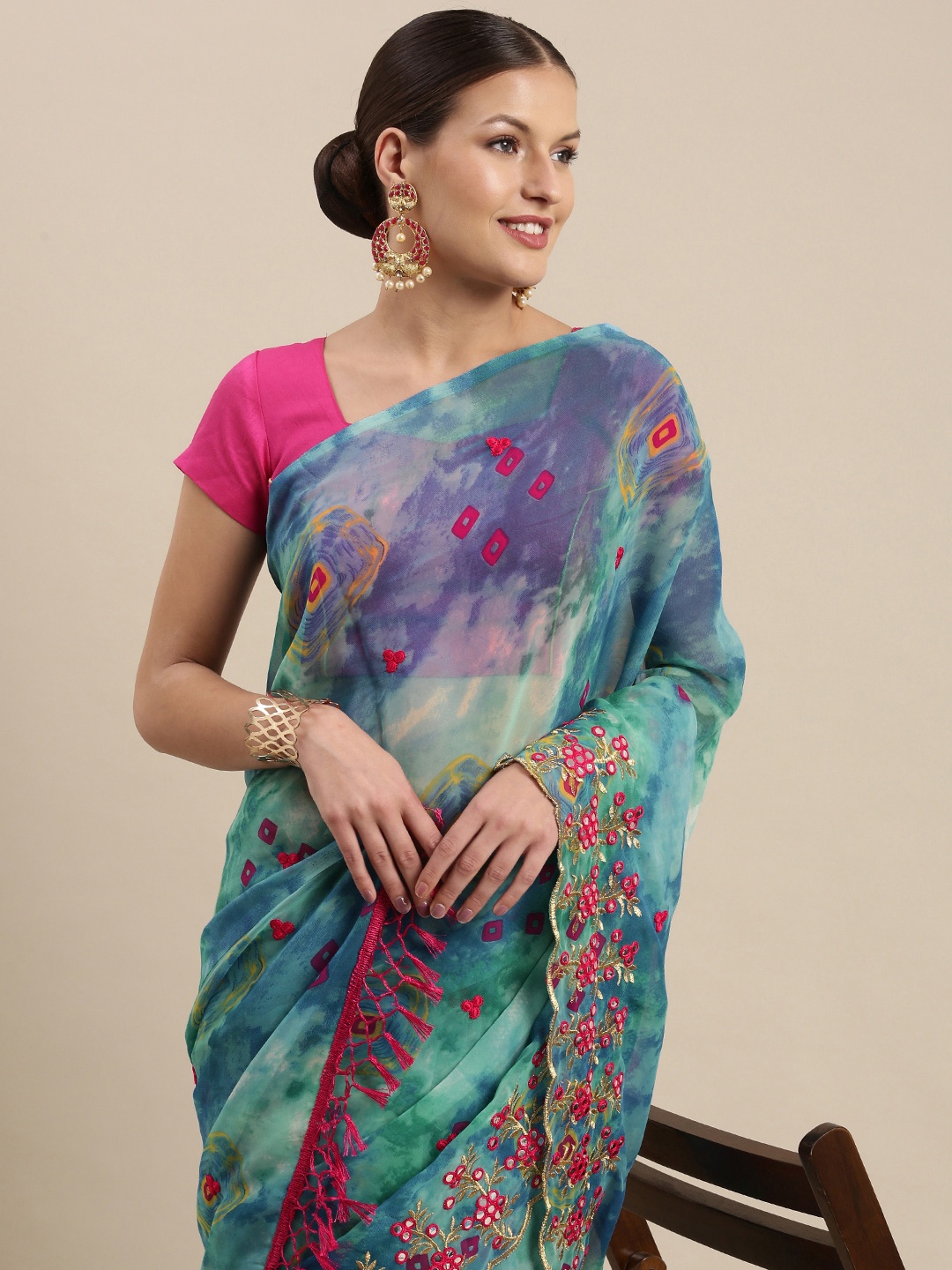 

Mitera Blue Printed Mirror Work Saree