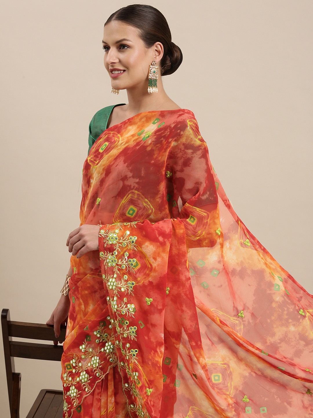 

Mitera Red & Peach-Coloured Printed Mirror Work Saree