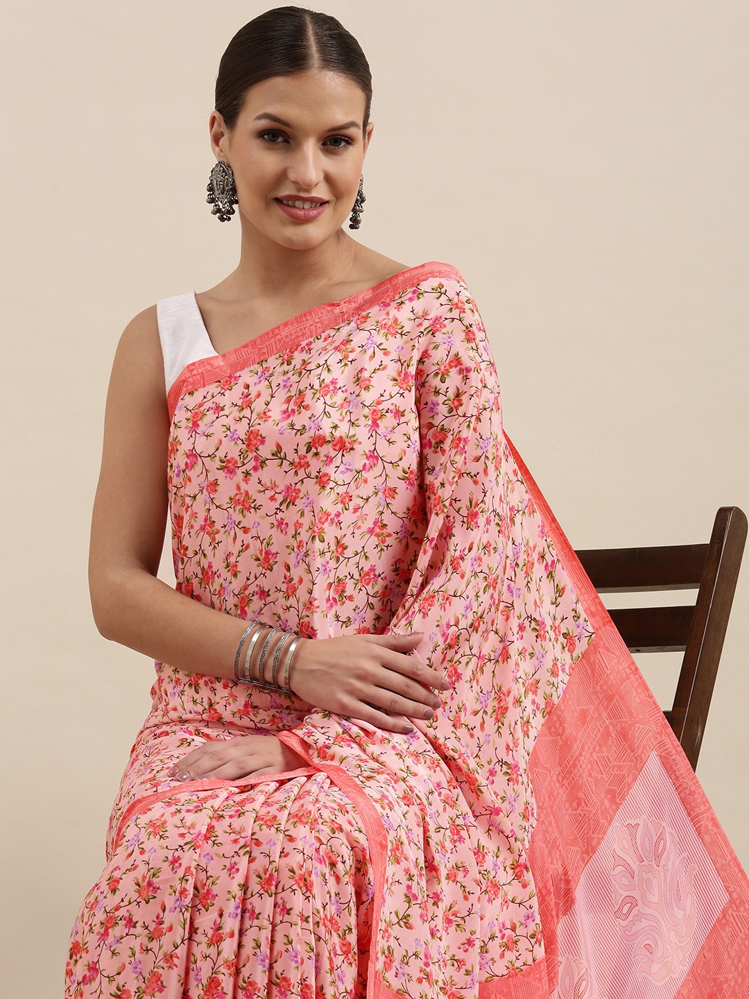 

Mitera Pink Floral Print Saree