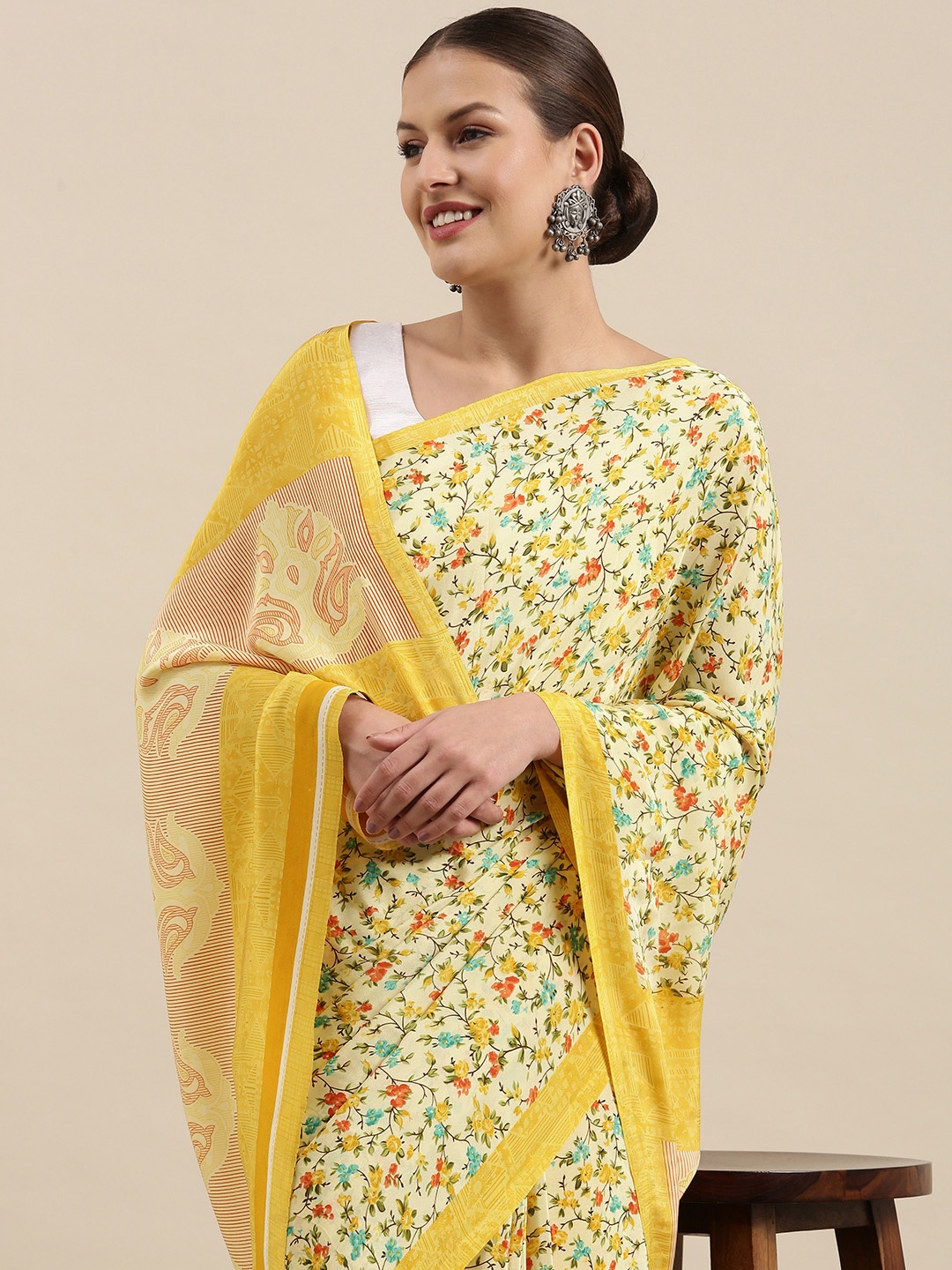 

Mitera Yellow Floral Print Saree