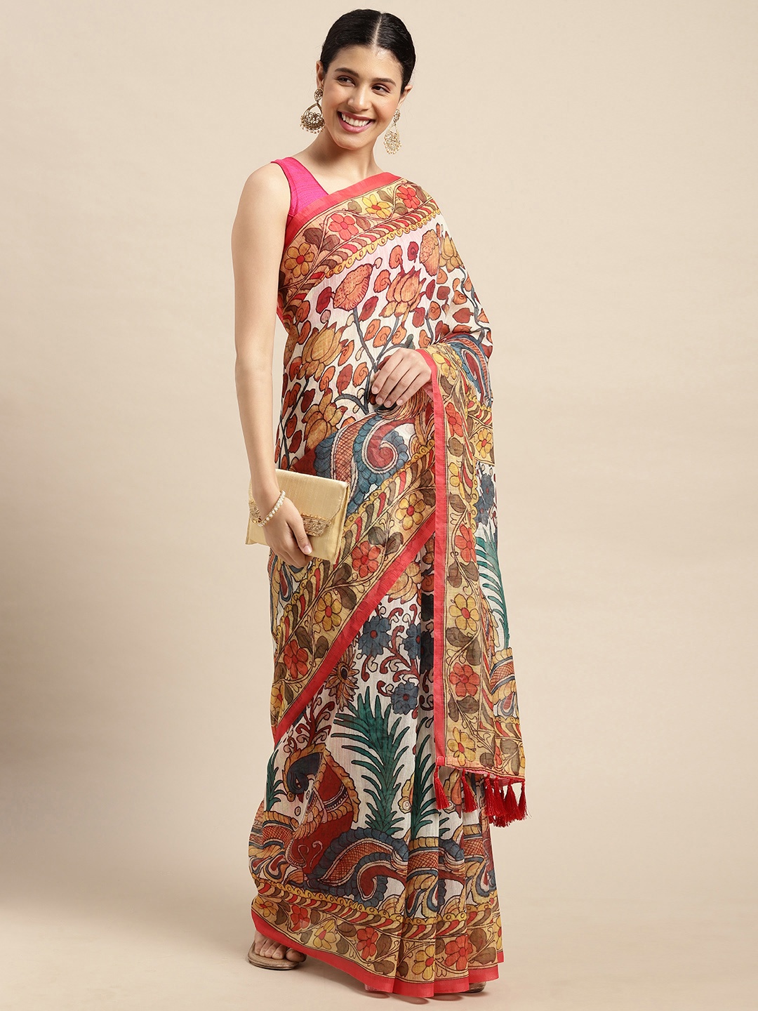 

VASTRANAND White & Red Kalamkari Jaali Saree