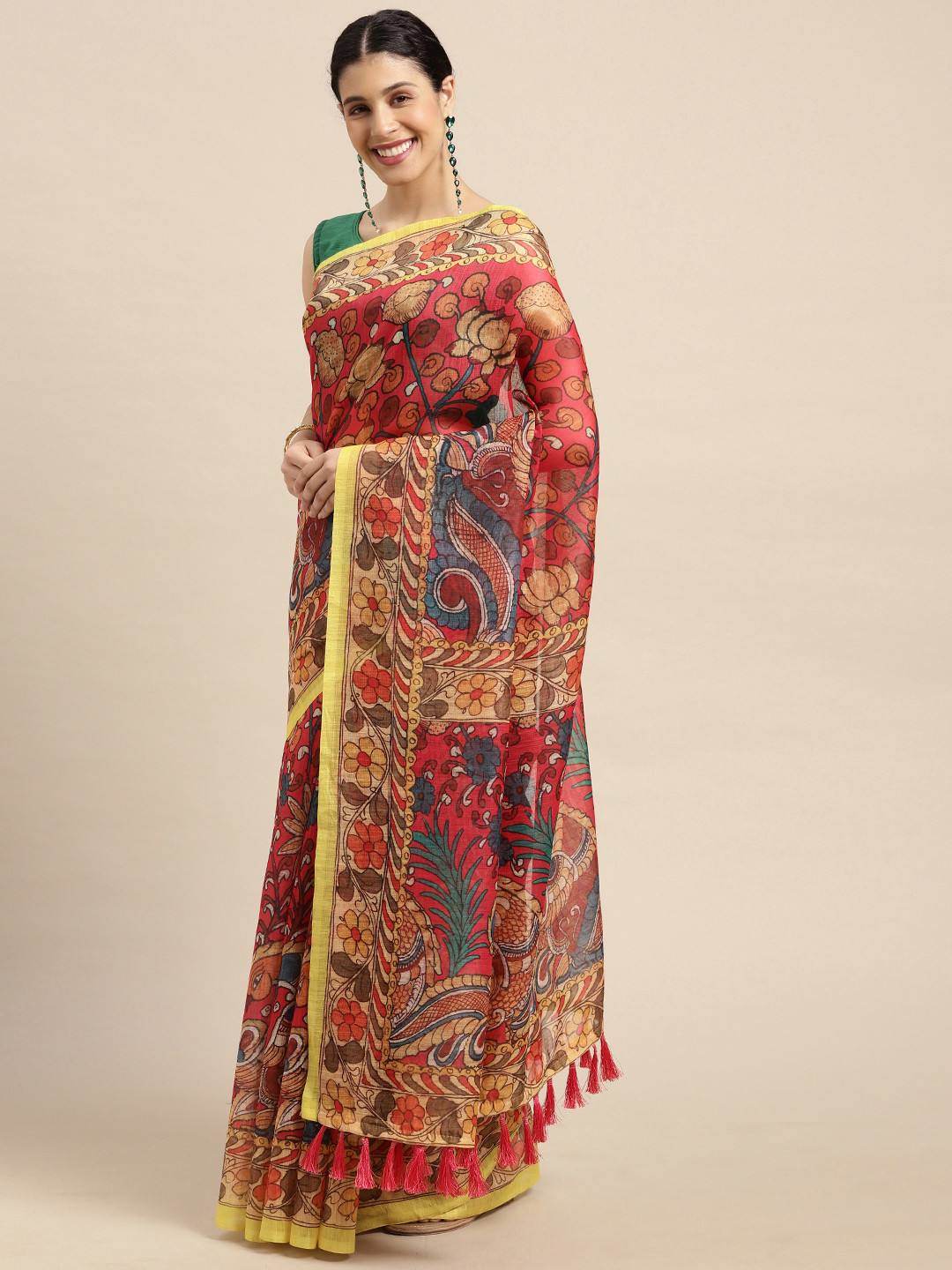 

VASTRANAND Pink Kalamkari Printed Jaali Saree