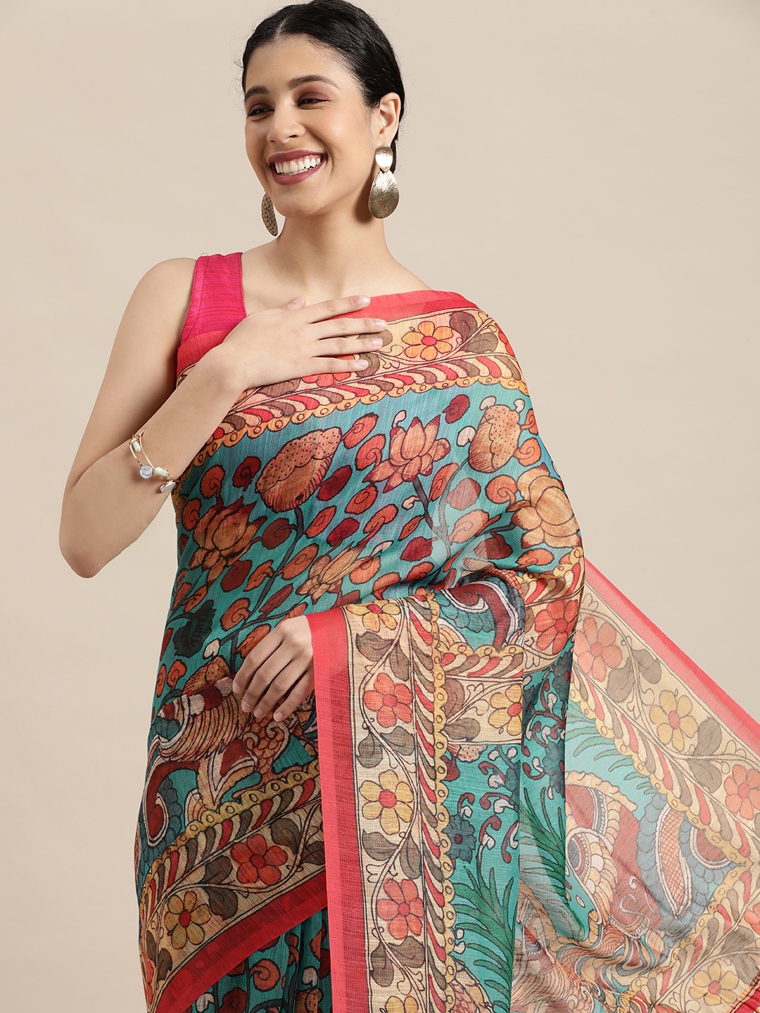 

VASTRANAND Turquoise Blue & Maroon Kalamkari Linen Blend Saree