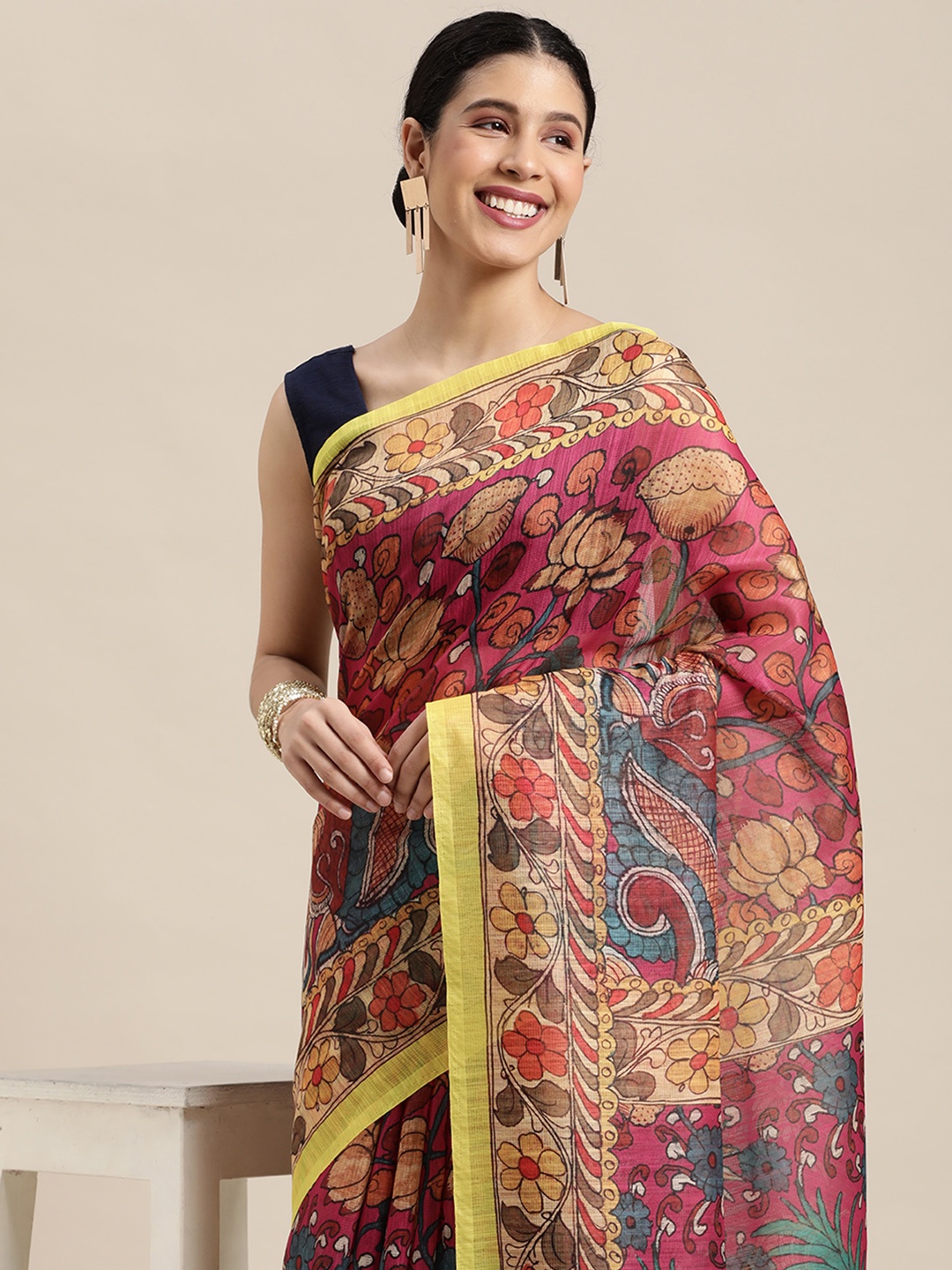 

VASTRANAND Pink & Yellow Kalamkari Jaali Linen Blend Saree