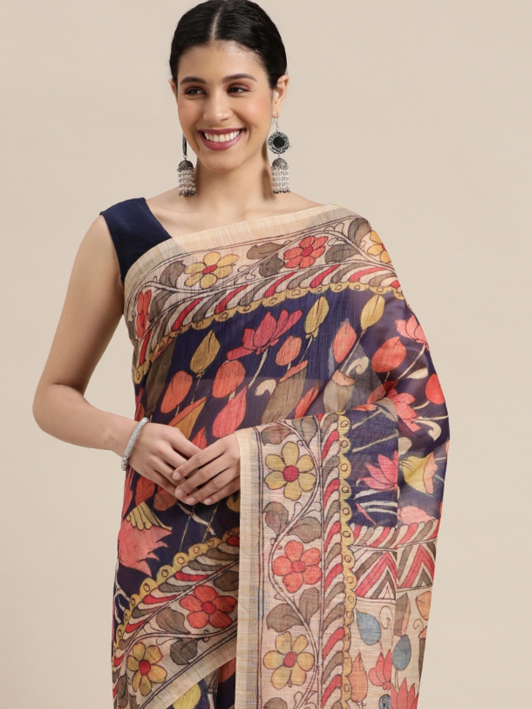 

VASTRANAND Blue & Red Kalamkari Jaali Linen Blend Saree