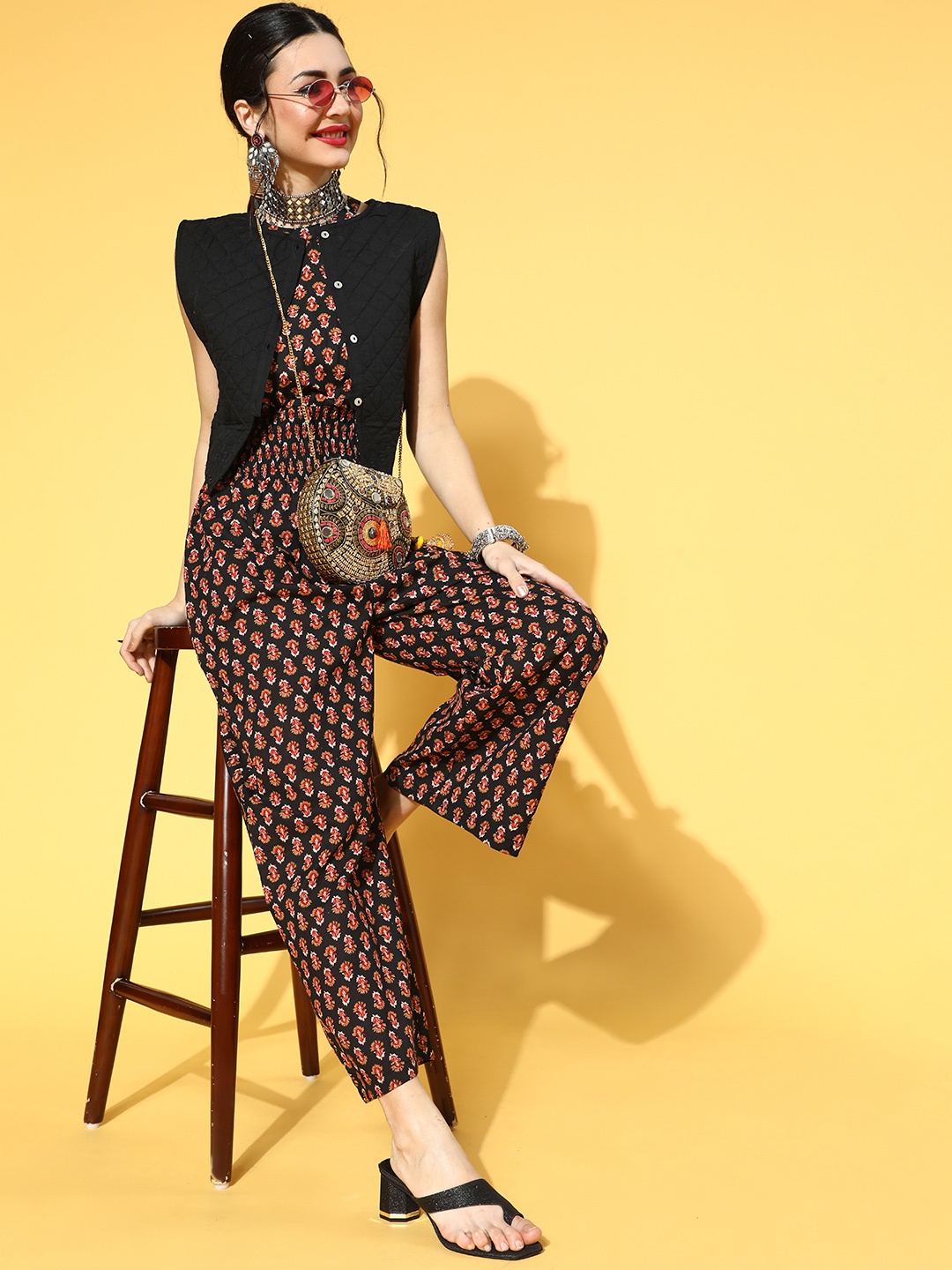 

Yufta Women Black Pure Cotton Printed Jumpsuit