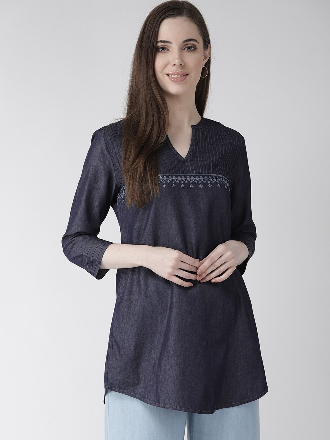 

Xpose Blue & Grey Embroidered Pure Cotton Tunic