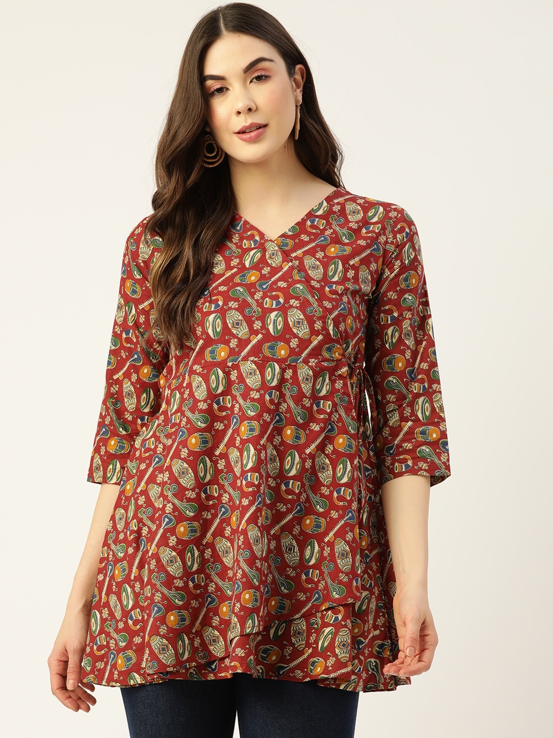 

FERANOID Maroon & Green Cotton Printed Angrakha Tunic