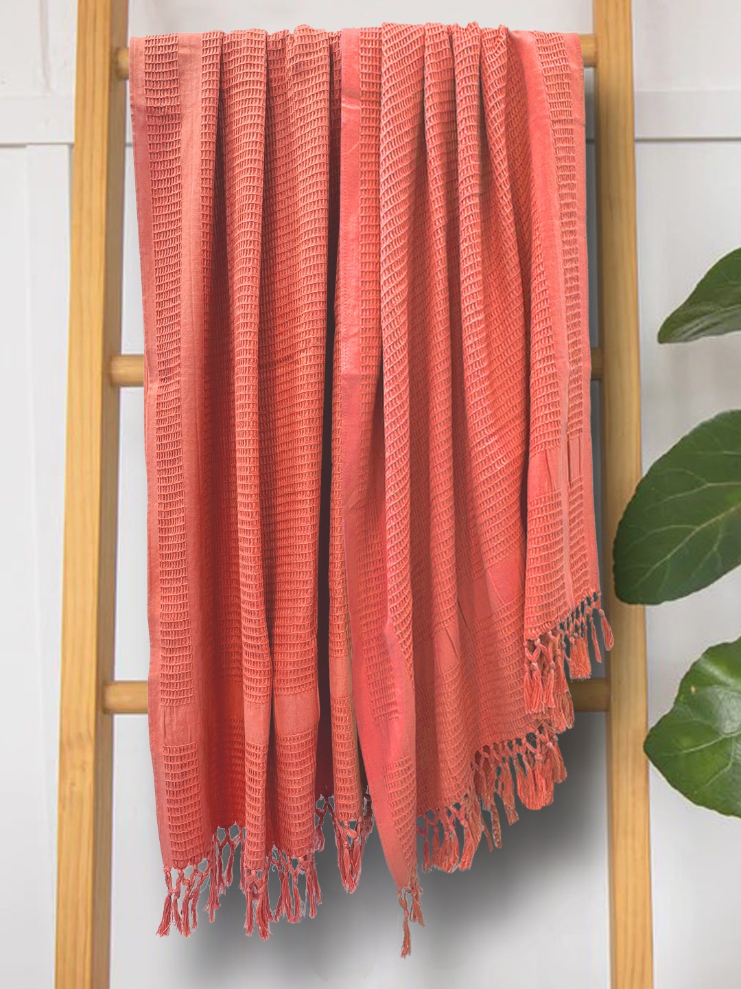 

BIANCA Set of 2 Coral Red Self Design Organic Cotton 300 GSM Bath Towel