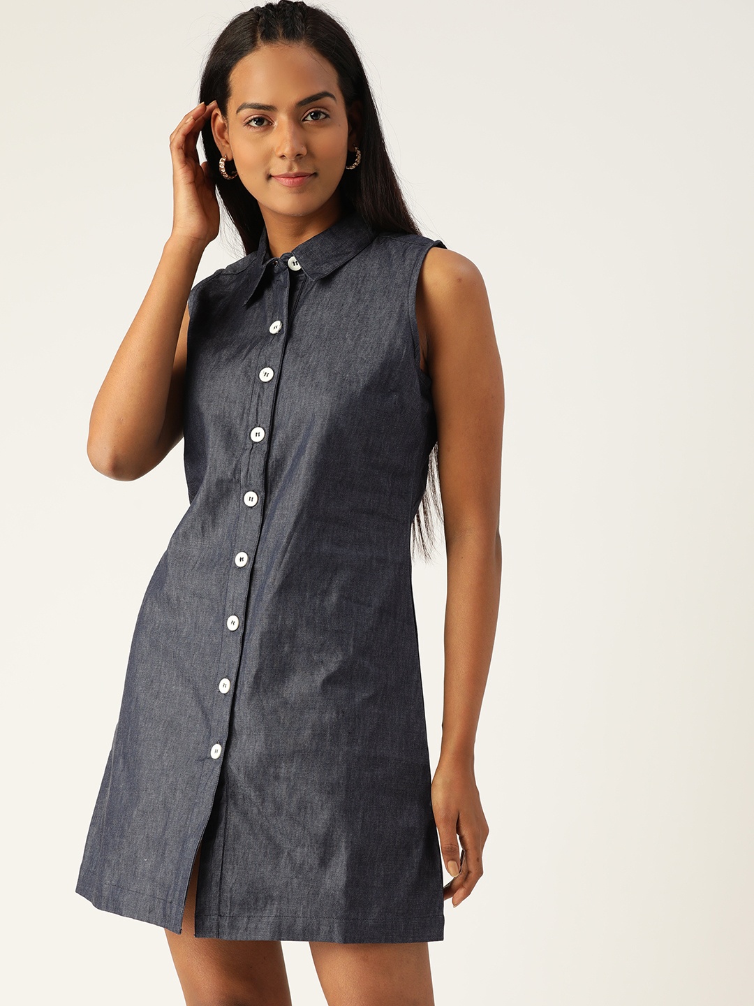 

VARUSHKA Blue Denim Sleeveless Shirt Dress