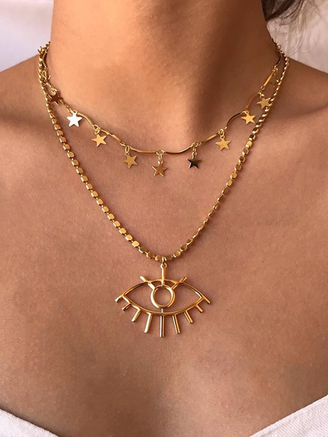 

Yellow Chimes Gold-Plated Evil Eye Star Charm Layered Necklace