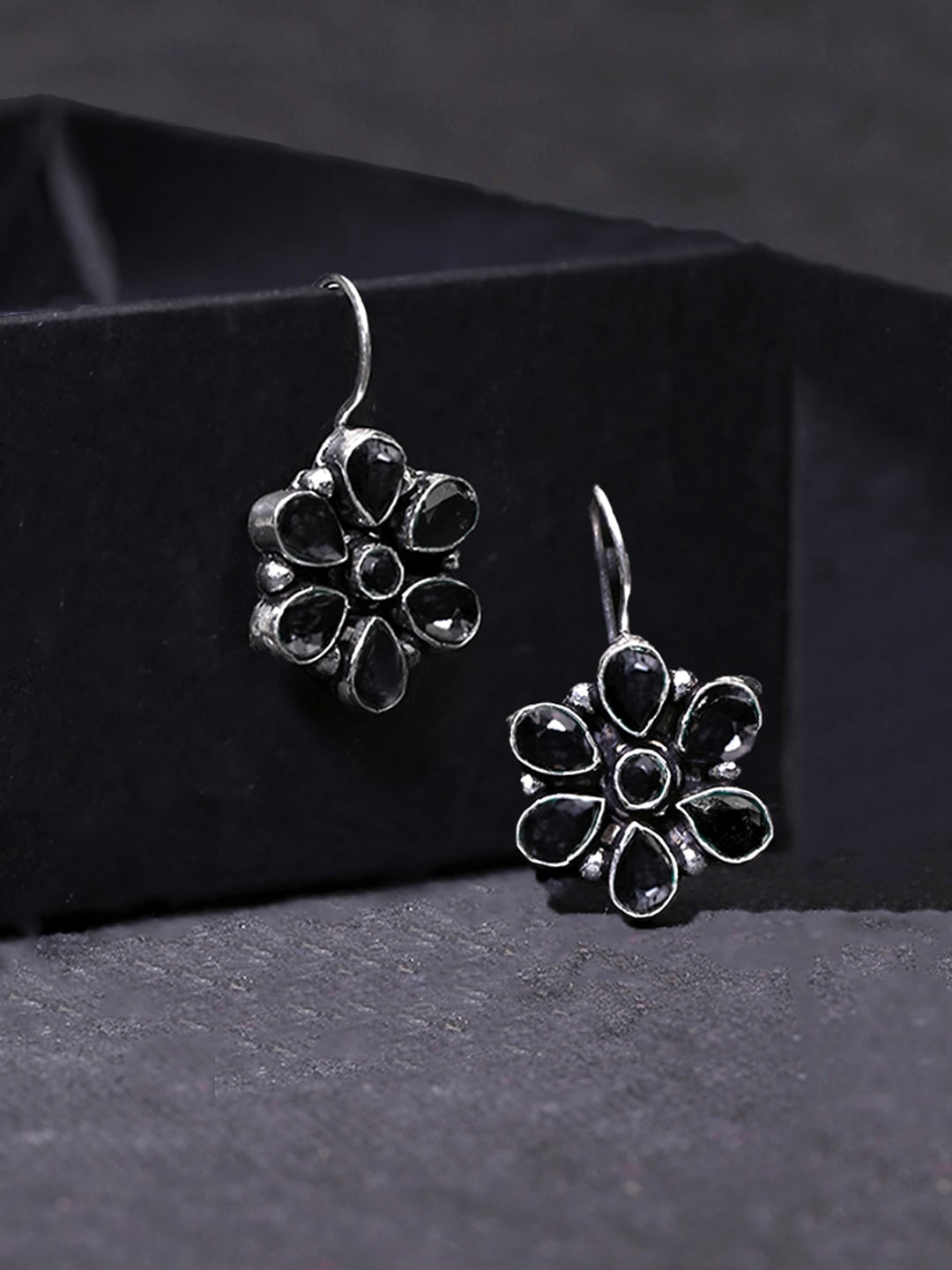 

Yellow Chimes Black Silver Plated Oxidised Floral Drop Earrings