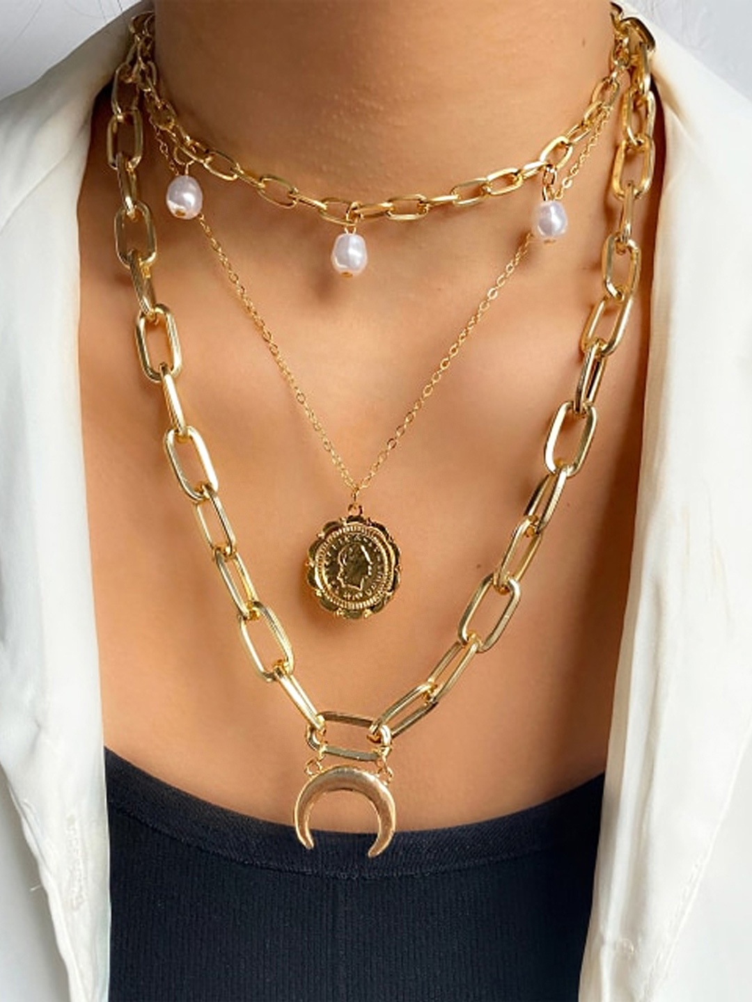 

Yellow Chimes Women Gold-Plated 3 Layered Necklace