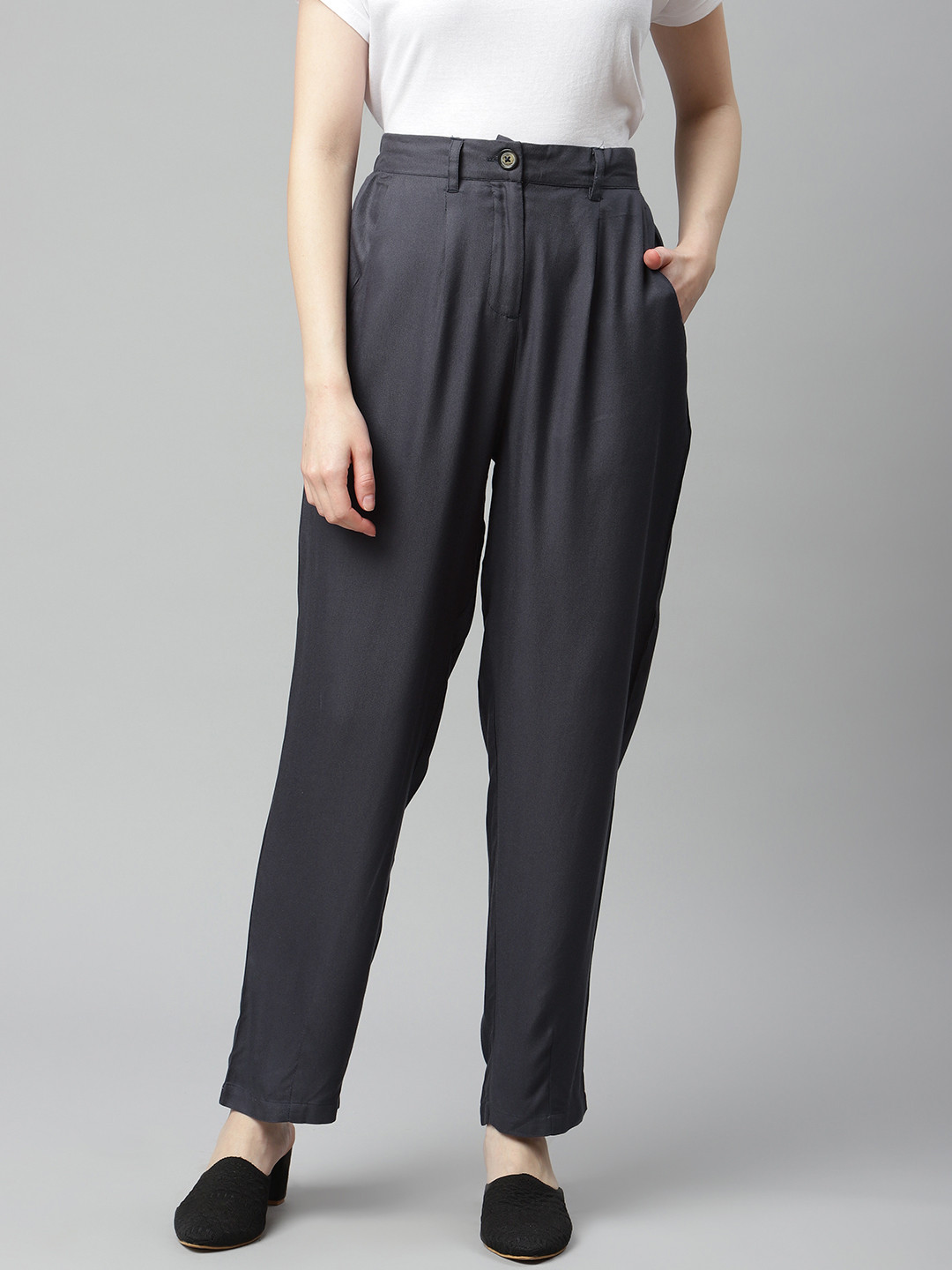 

plusS Women Navy Blue Solid Regular Trousers