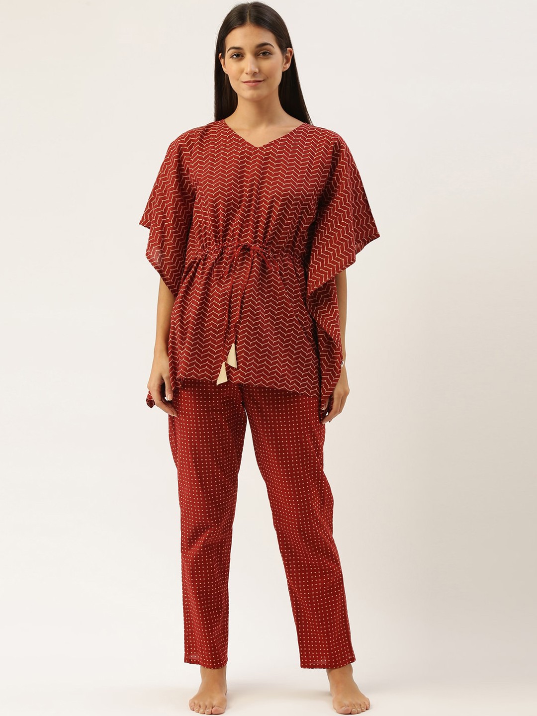 

Bannos Swagger Women Red & Cream-Coloured Printed Kaftan Night suit