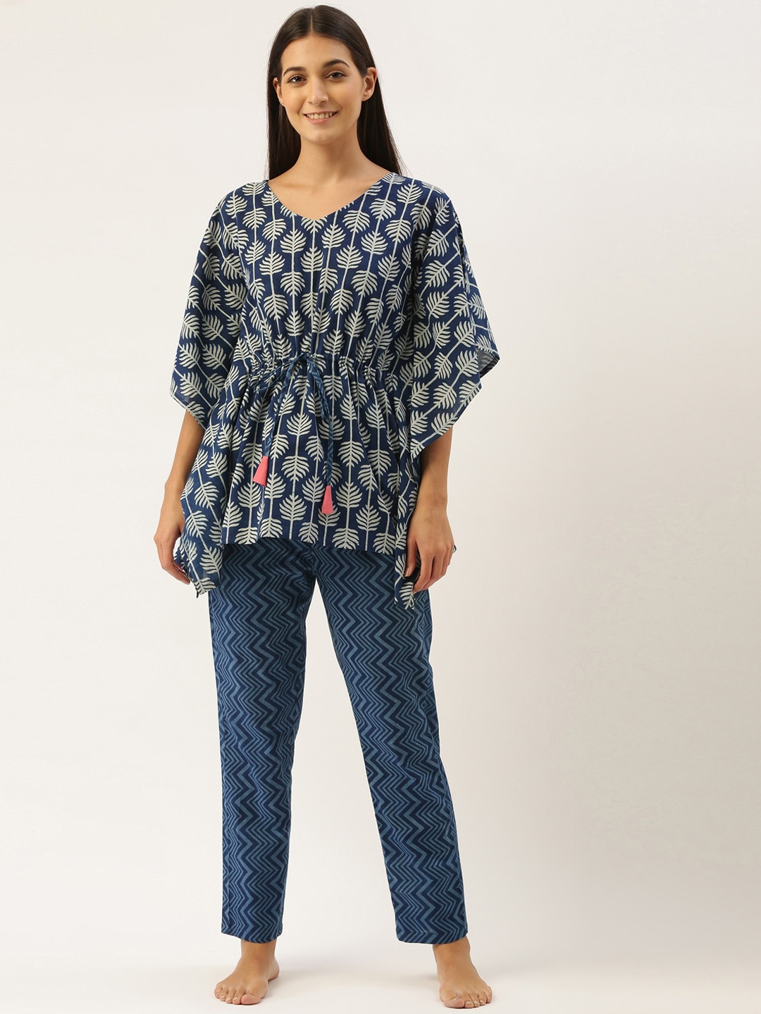 

Bannos Swagger Women Blue & Off White Printed Kaftan Night suit
