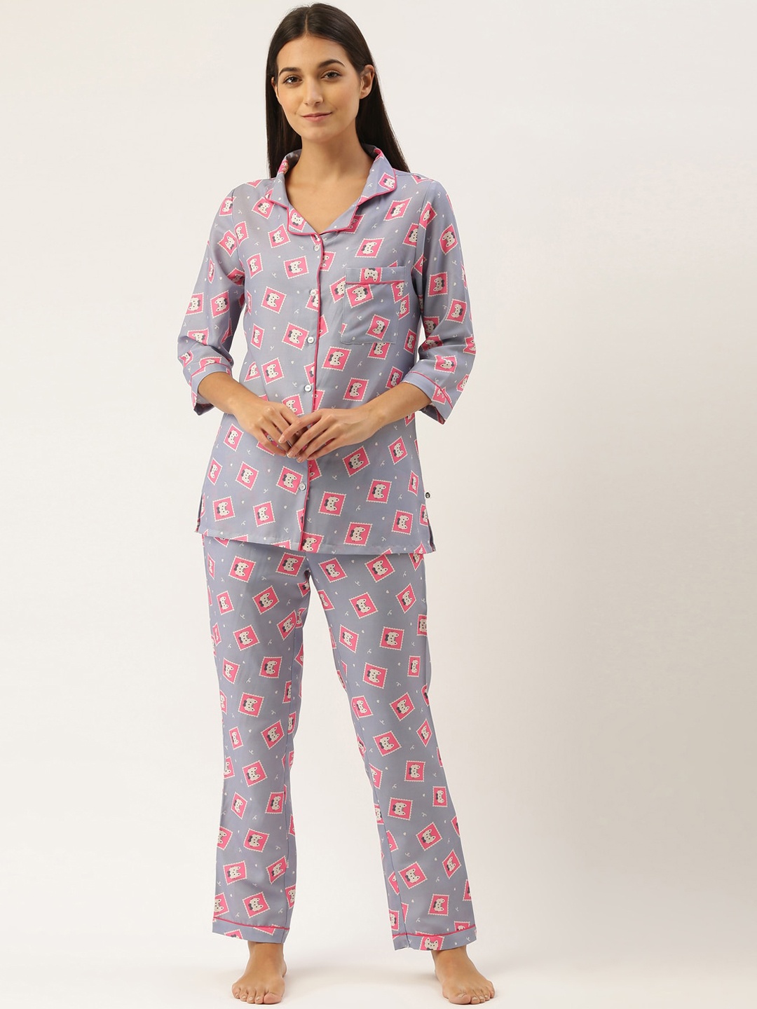 

Bannos Swagger Women Grey & Pink Cartoon Characters Printed Night suit