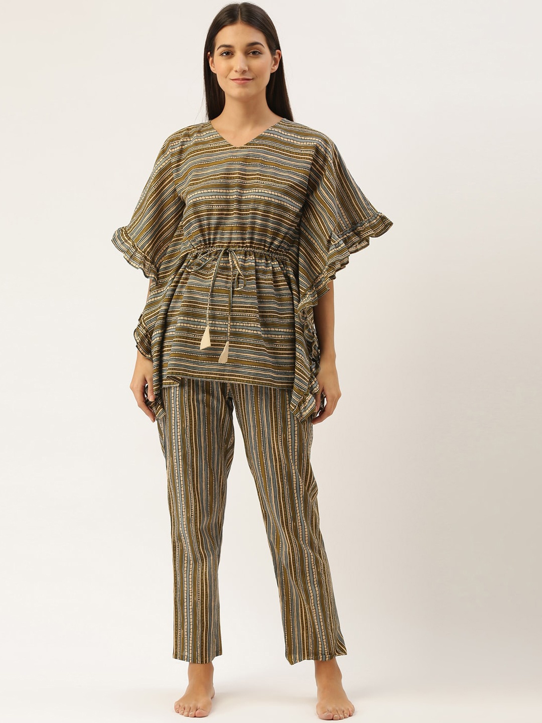 

Bannos Swagger Women Green & Grey Striped Kaftan Cotton Night Suit