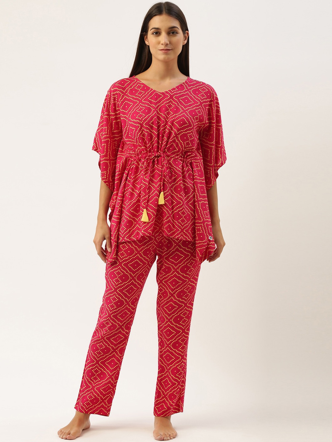 

Bannos Swagger Women Pink & Yellow Printed Kaftan Night suit