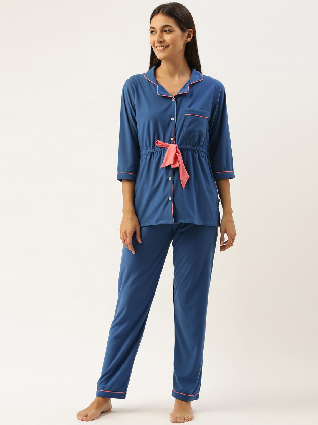 

Bannos Swagger Women Blue & Pink Solid Night suit
